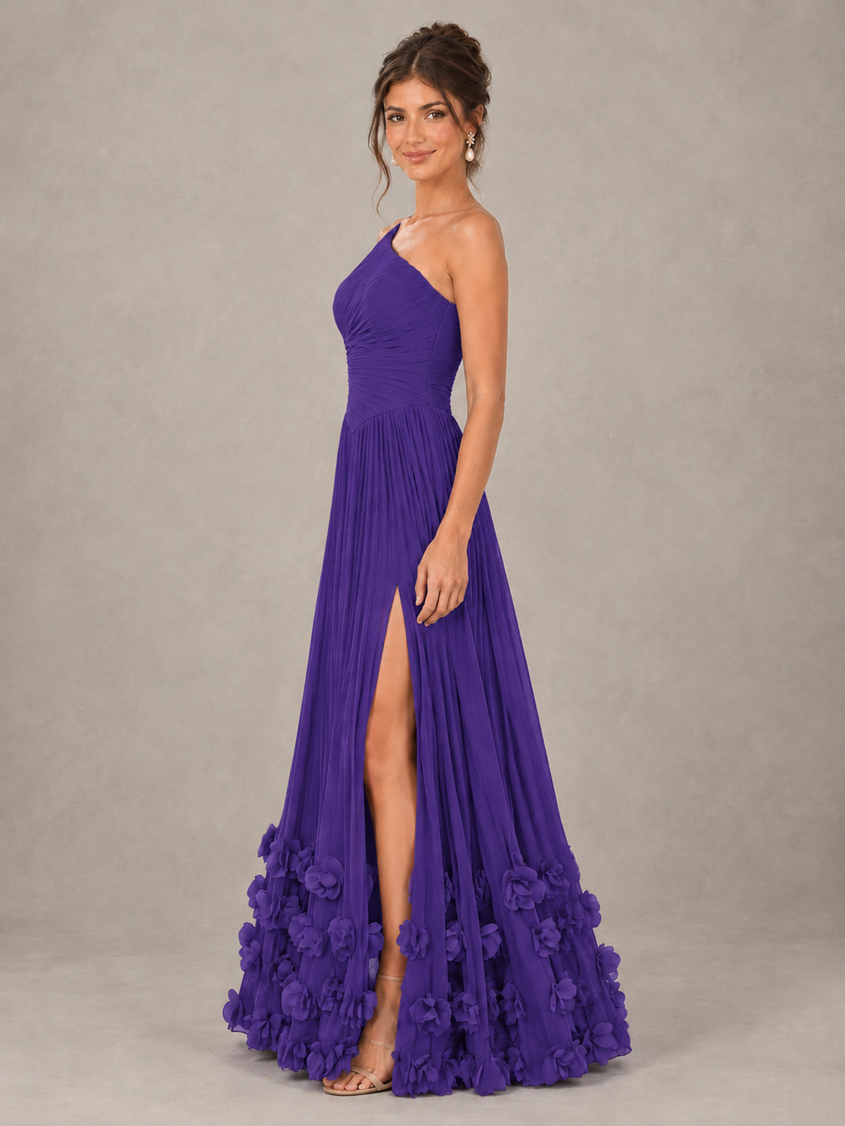BOLODOO Purple One-Shoulder Pleated Bridesmaid Dress with 3D Floral Hem - Purple - Purple_3