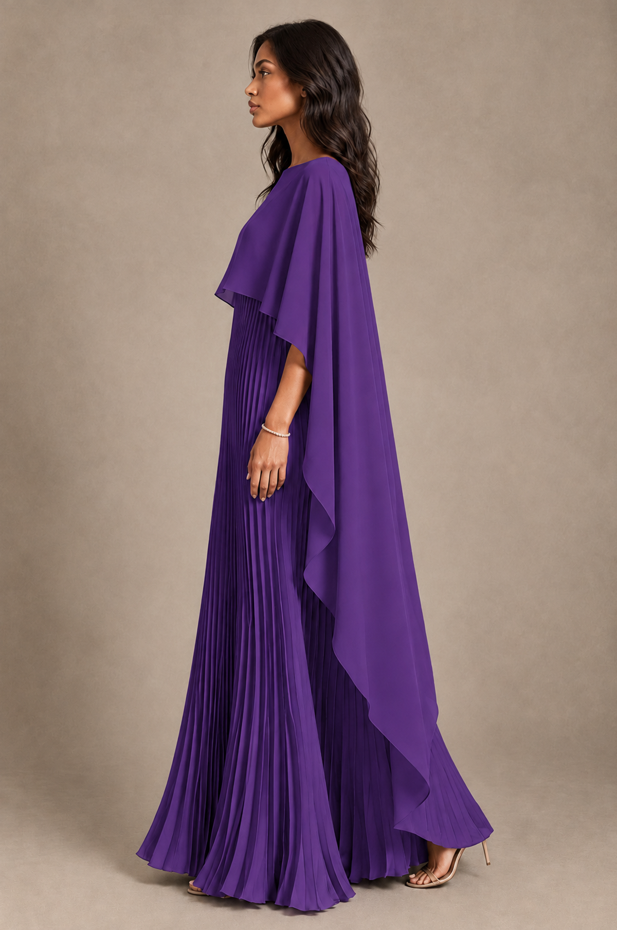 BOLODOO Purple Pleated Cape A-Line Evening Dress - Purple - Purple_3