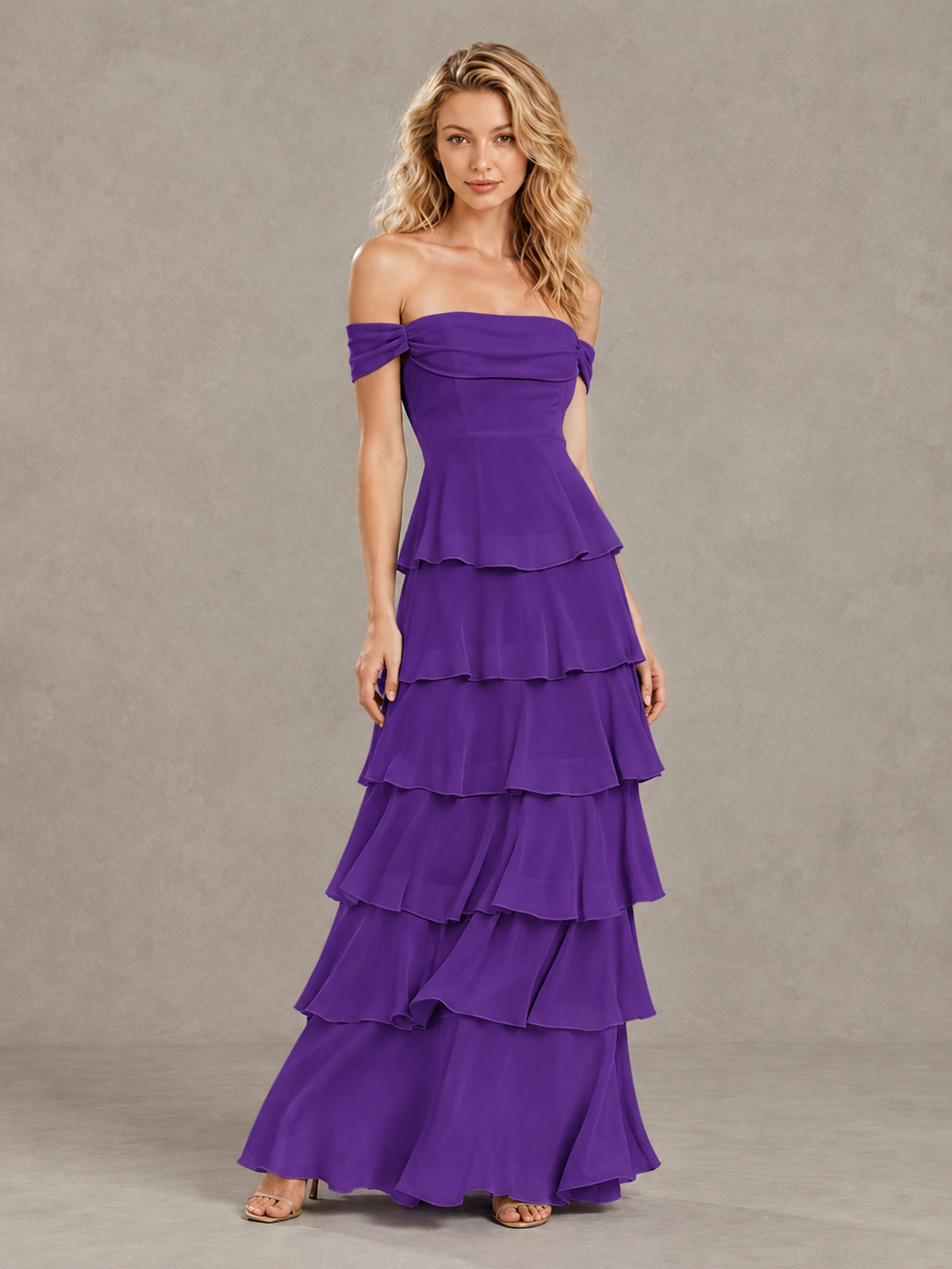 BOLODOO Purple Off-Shoulder Tiered Ruffle Bridesmaid Dress with Lace-Up Back - Purple - Purple_3