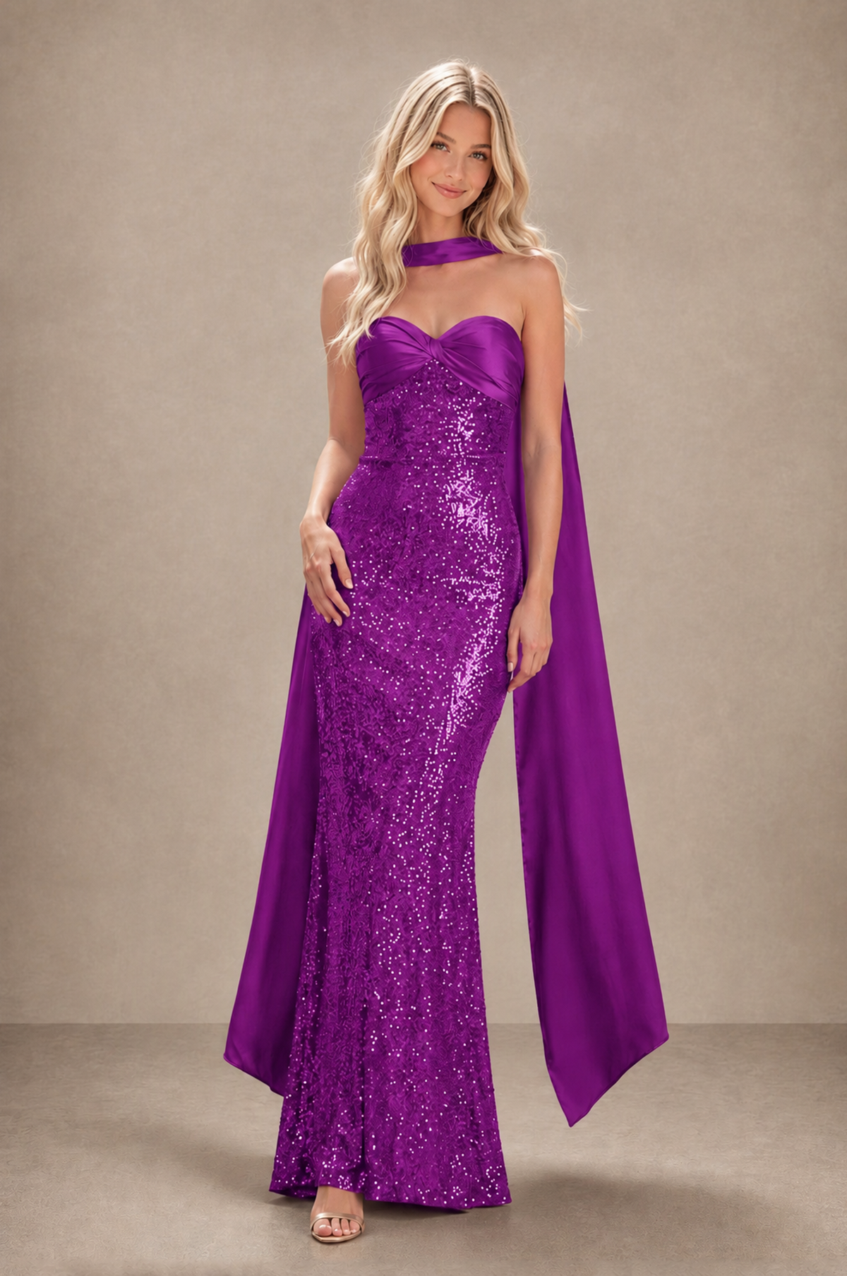 BOLODOO Purple Strapless Sweetheart Evening Dress with Scarf - Purple - Purple_3