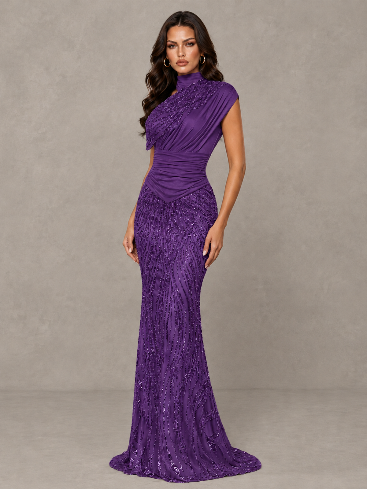 BOLODOO Purple High Neck Draped Sequin Mermaid Evening Gown - Purple - Purple_3