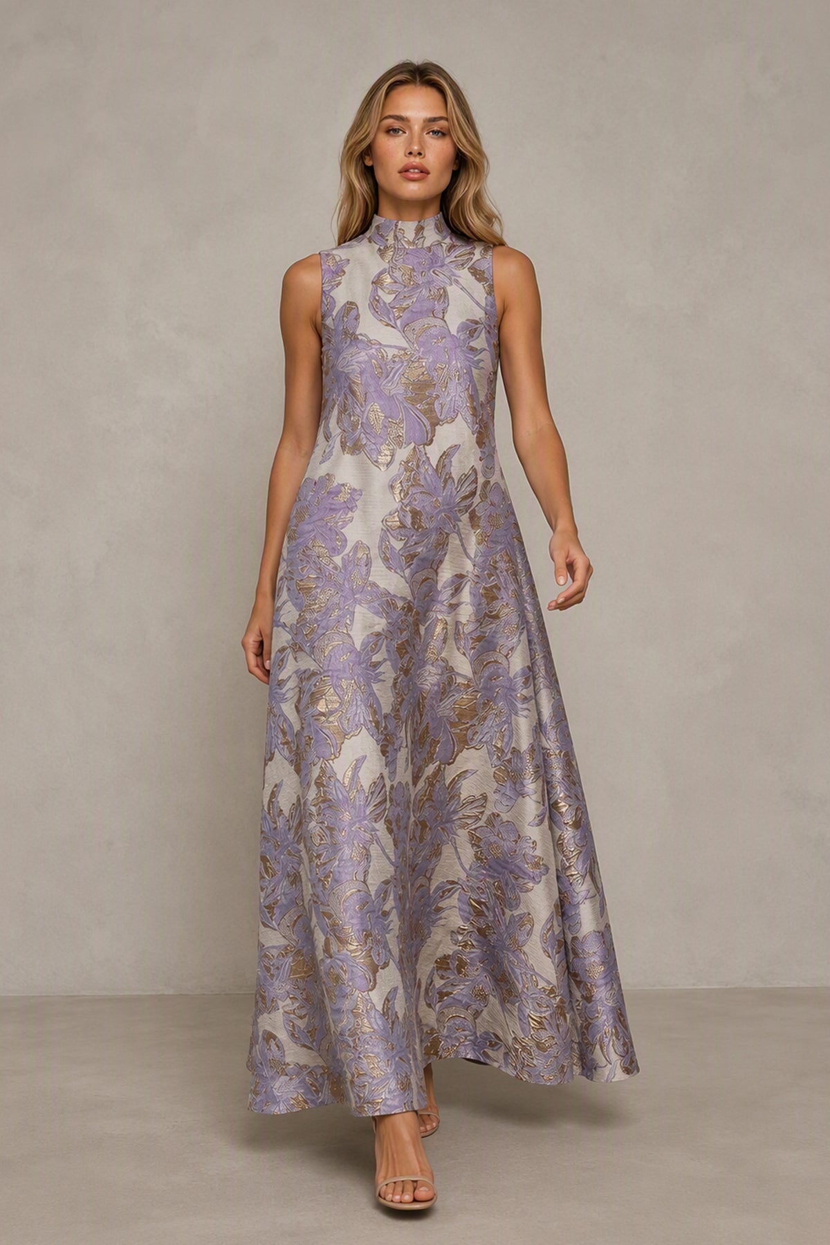 BOLODOO Purple Jacquard High Neck Sleeveless A-Line Maxi Dress – Wedding Guest & Formal Evening Gown - Purple