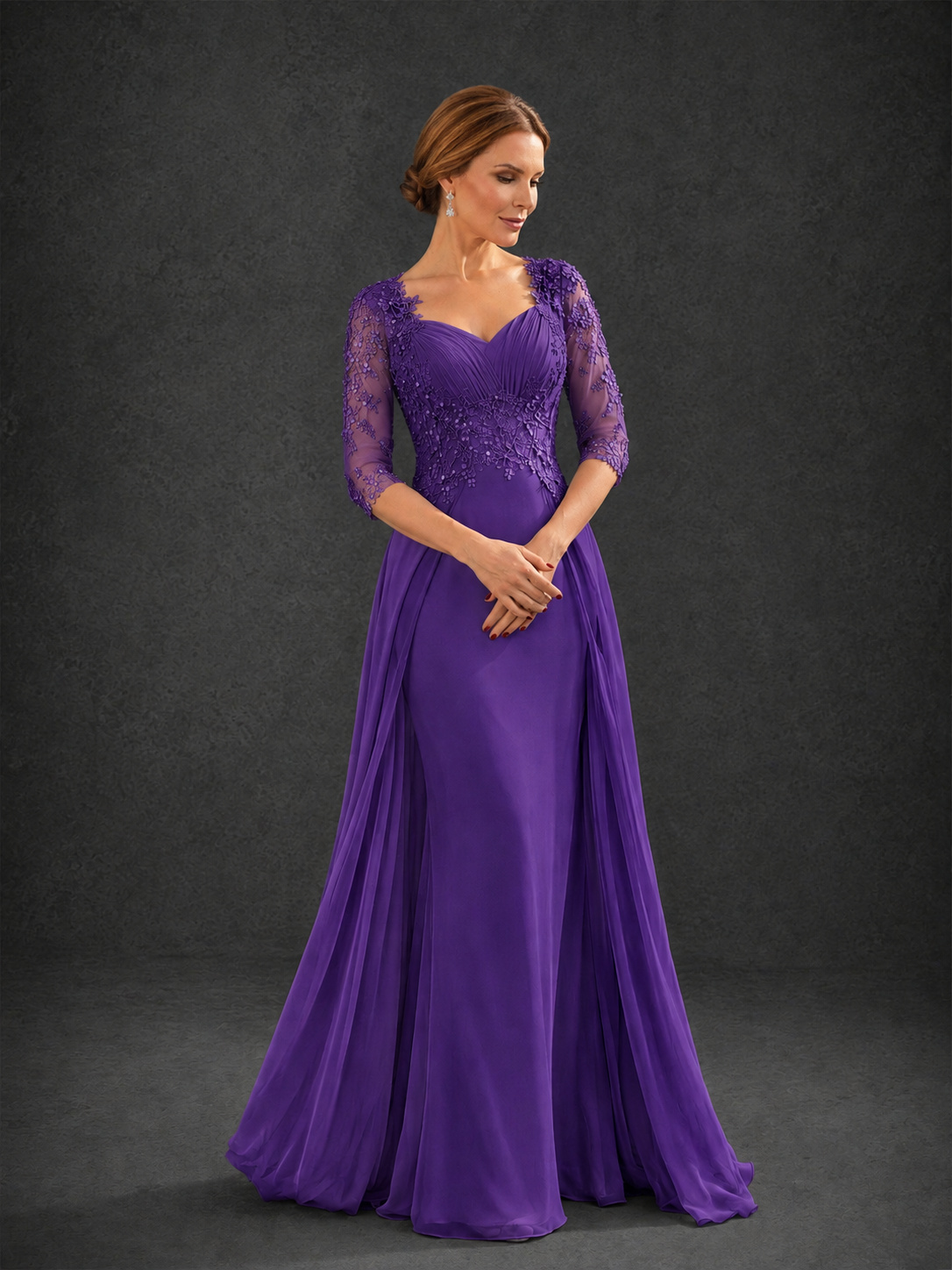 BOLODOO Purple Sweetheart Neck 3/4 Sleeve Floral Lace Illusion Bodice Chiffon A-Line Gown - Purple