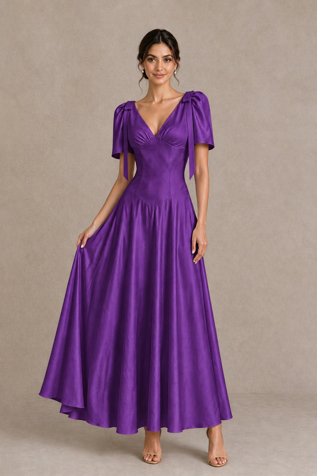 BOLODOO Purple V-Neck Short Sleeve Satin-Look Bridesmaid Dress with Shoulder Bows - Purple - Purple_3