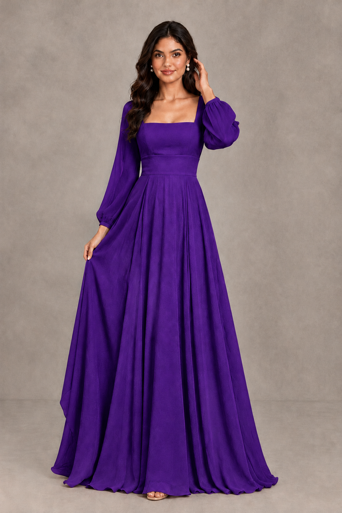 BOLODOO Purple Square Neck Long Sleeve A-Line Bridesmaid Dress - Purple - Purple_3