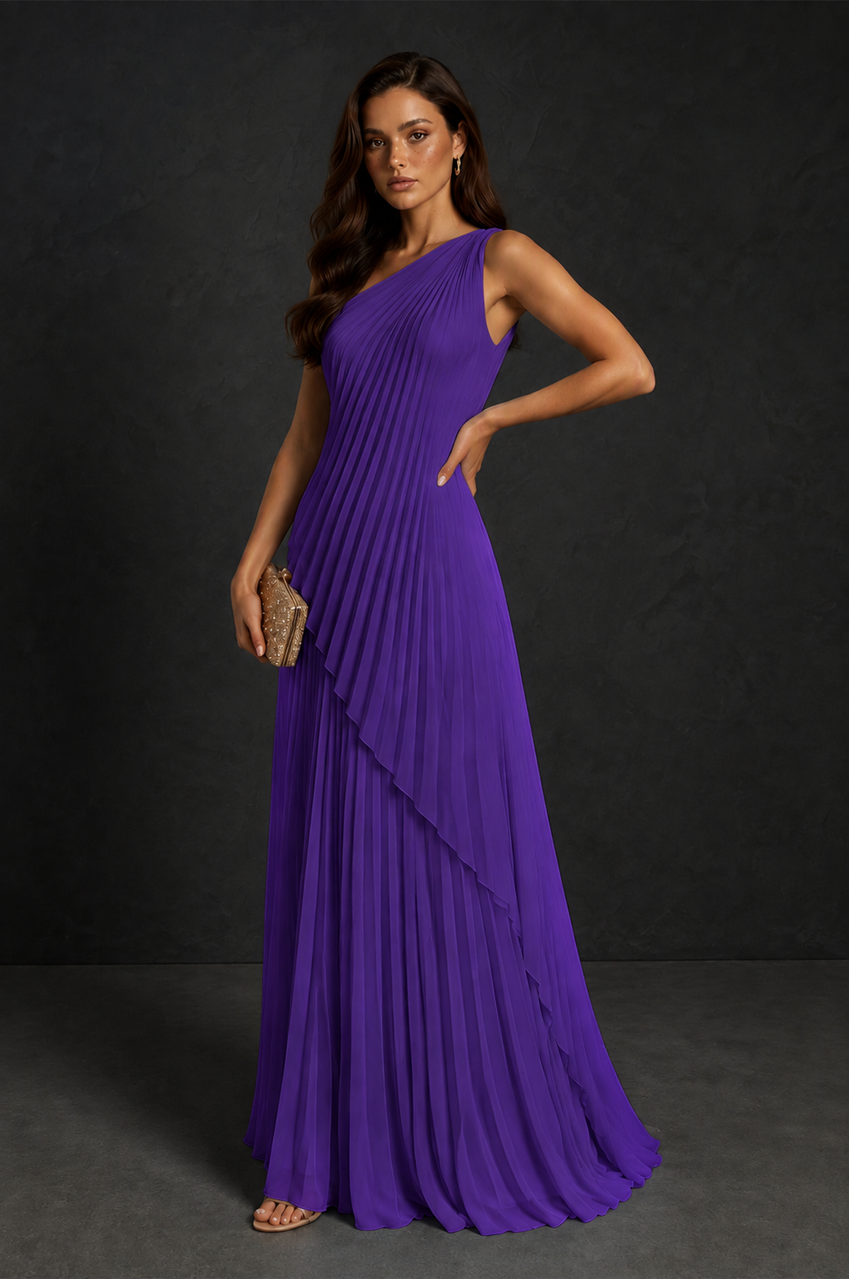 BOLODOO Purple One-Shoulder Sunburst Pleated Asymmetric Layered Overlay Accordion Pleated Chiffon Maxi Dress - Purple