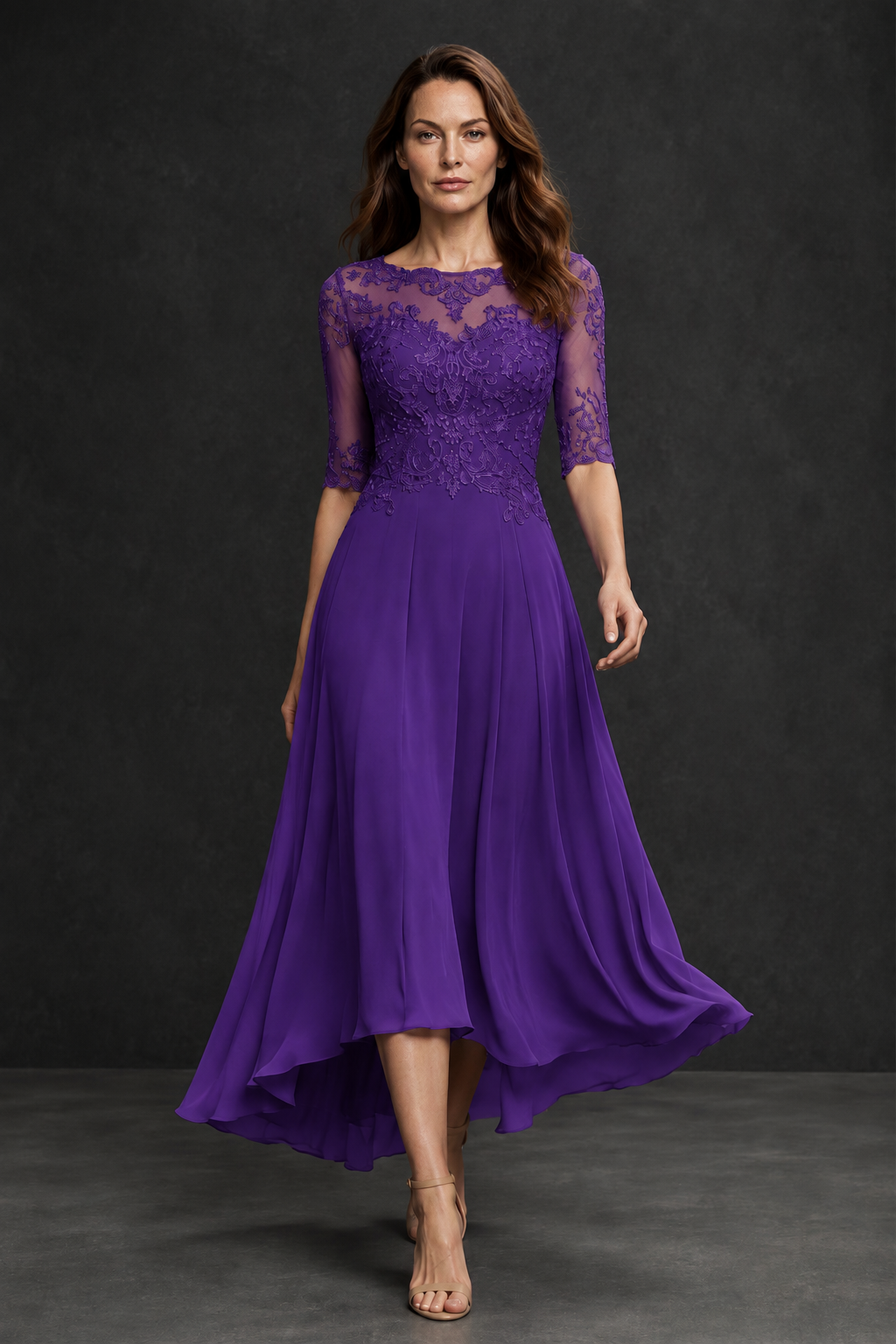 BOLODOO Purple Illusion Lace 3/4 Sleeve Hi-Lo Chiffon A-Line Dress | Mother of the Bride Tea Length Dress - Purple