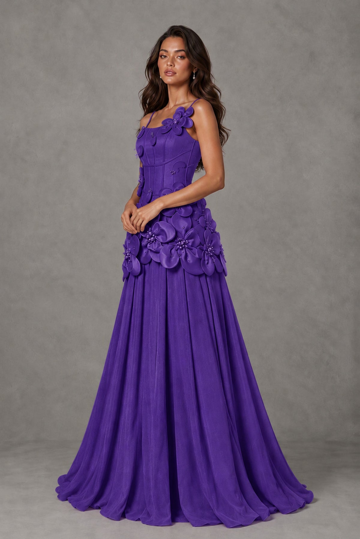 BOLODOO Purple 3D Floral Appliqué Floor-Length A-Line Evening Gown - Purple