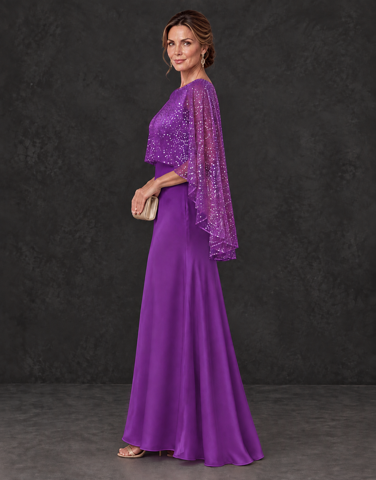 BOLODOO Purple Sparkle Cape Sleeve Mother of the Bride Dress - Purple - Purple_3