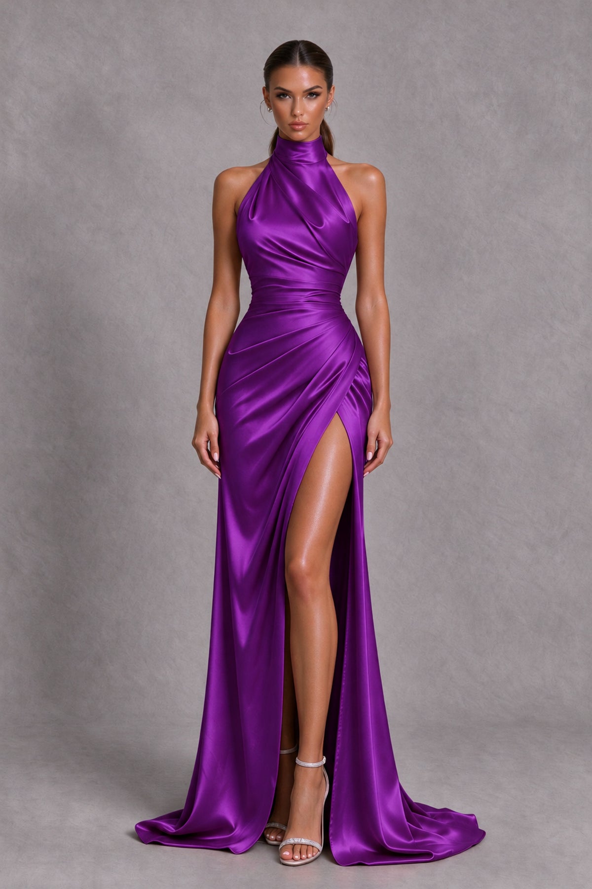 BOLODOO Purple Halter Satin-Look Evening Gown with High Slit - Purple - Purple_3