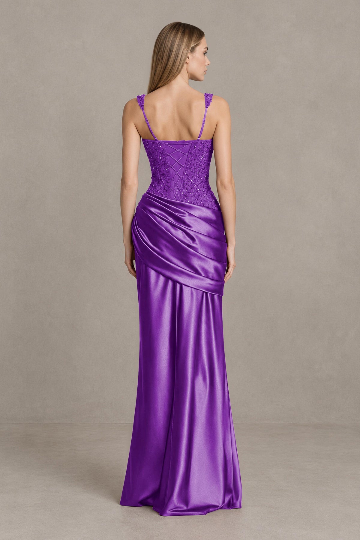 BOLODOO Purple Square Neck Embellished Satin Evening Gown - Purple