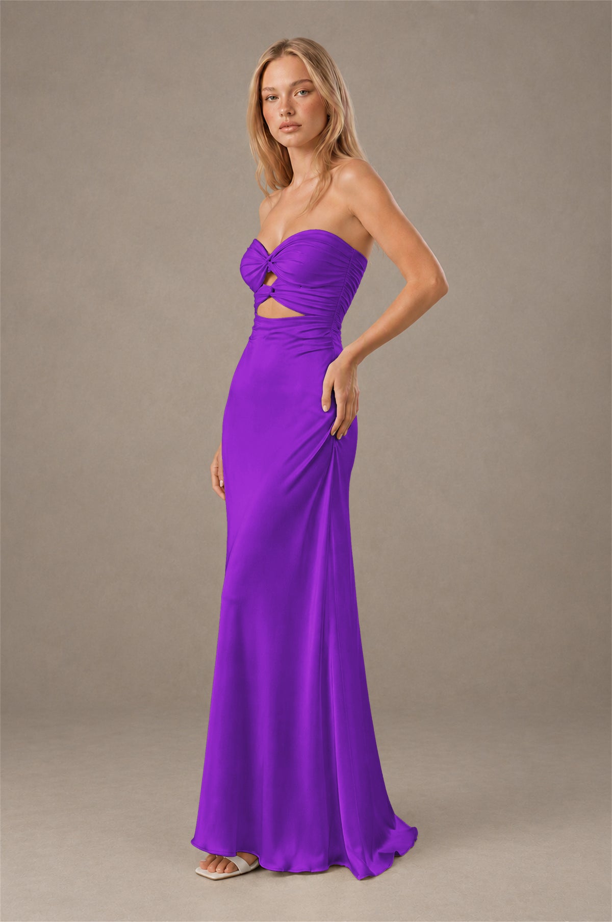 BOLODOO Purple Sweetheart Strapless Twist Knot Cutout Lace-Up Back Satin Mermaid Maxi Dress - Purple - Purple(3)