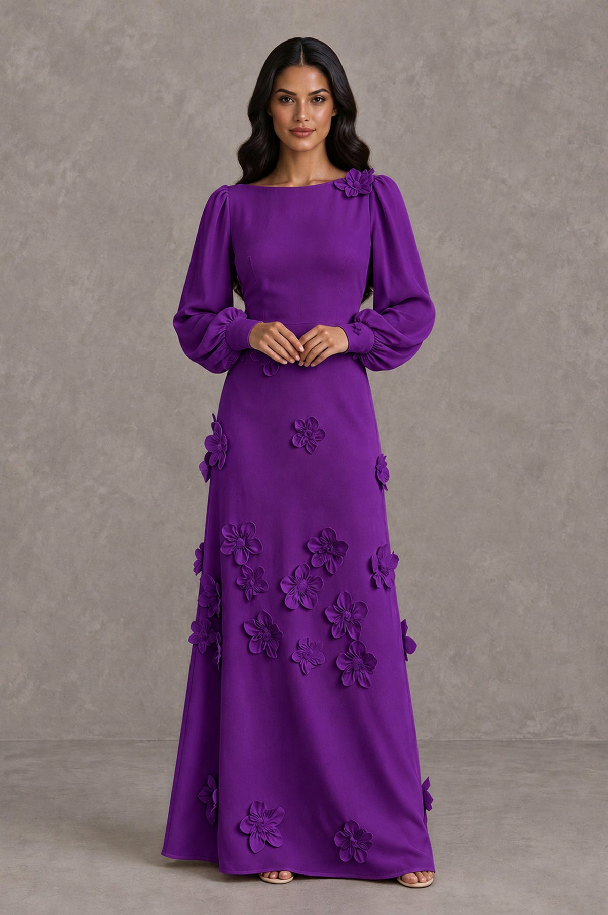 BOLODOO Purple Long Sleeve Floral Applique A-Line Evening Dress - Purple - Purple_3