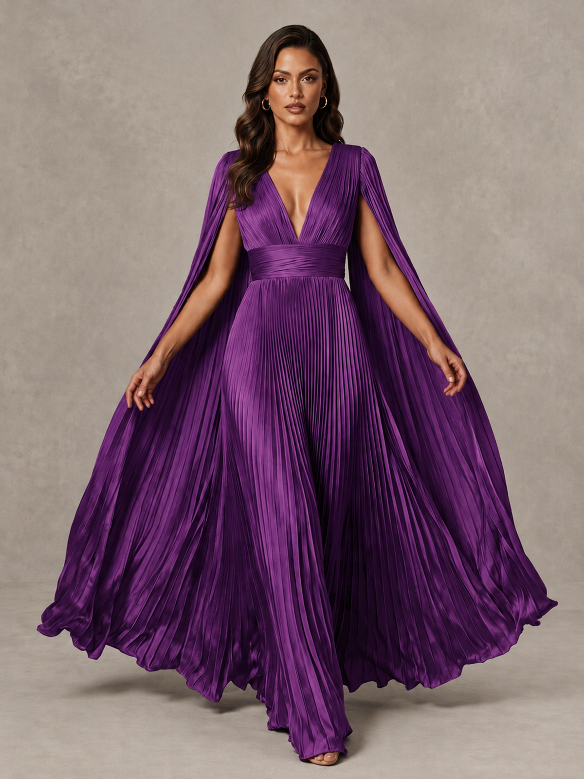 BOLODOO Purple Deep V-Neck Pleated Cape Sleeve Evening Gown - Purple - Purple_3