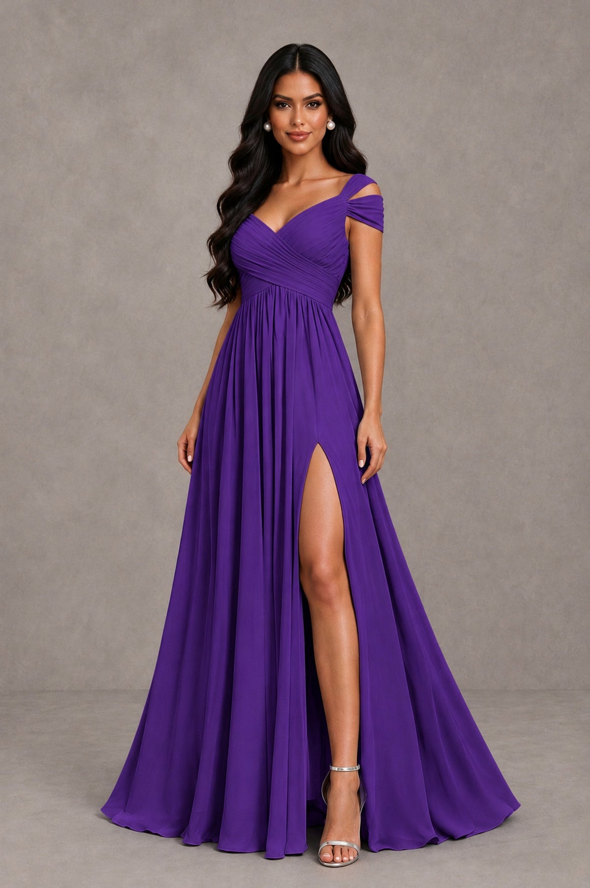BOLODOO Purple Cold Shoulder Chiffon Evening Dress with V Neck and High Slit - Purple - Purple_3