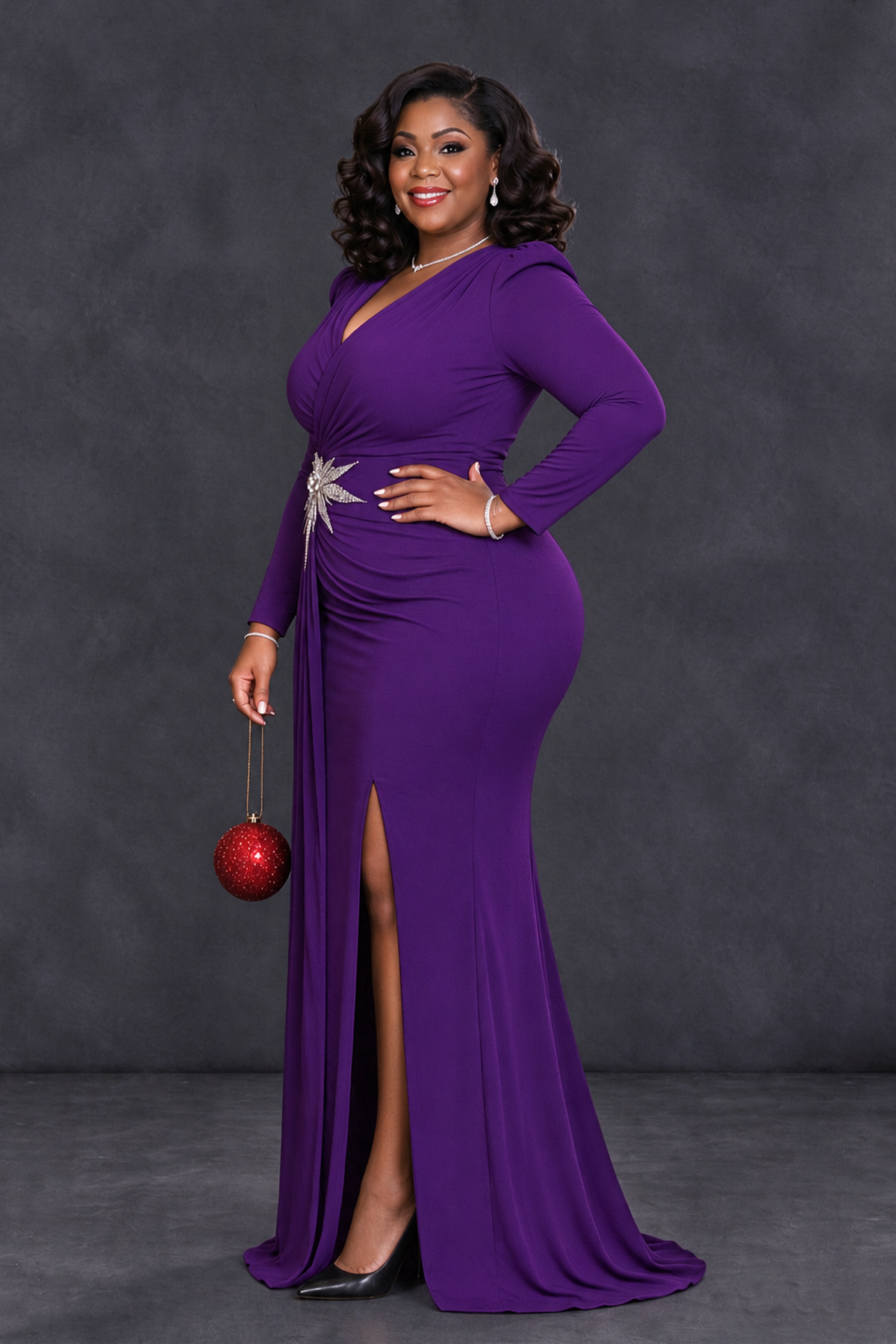 BOLODOO Purple Plus Size Long Sleeve V-Neck Mother of the Bride Dress with Slit - Purple - Purple_3