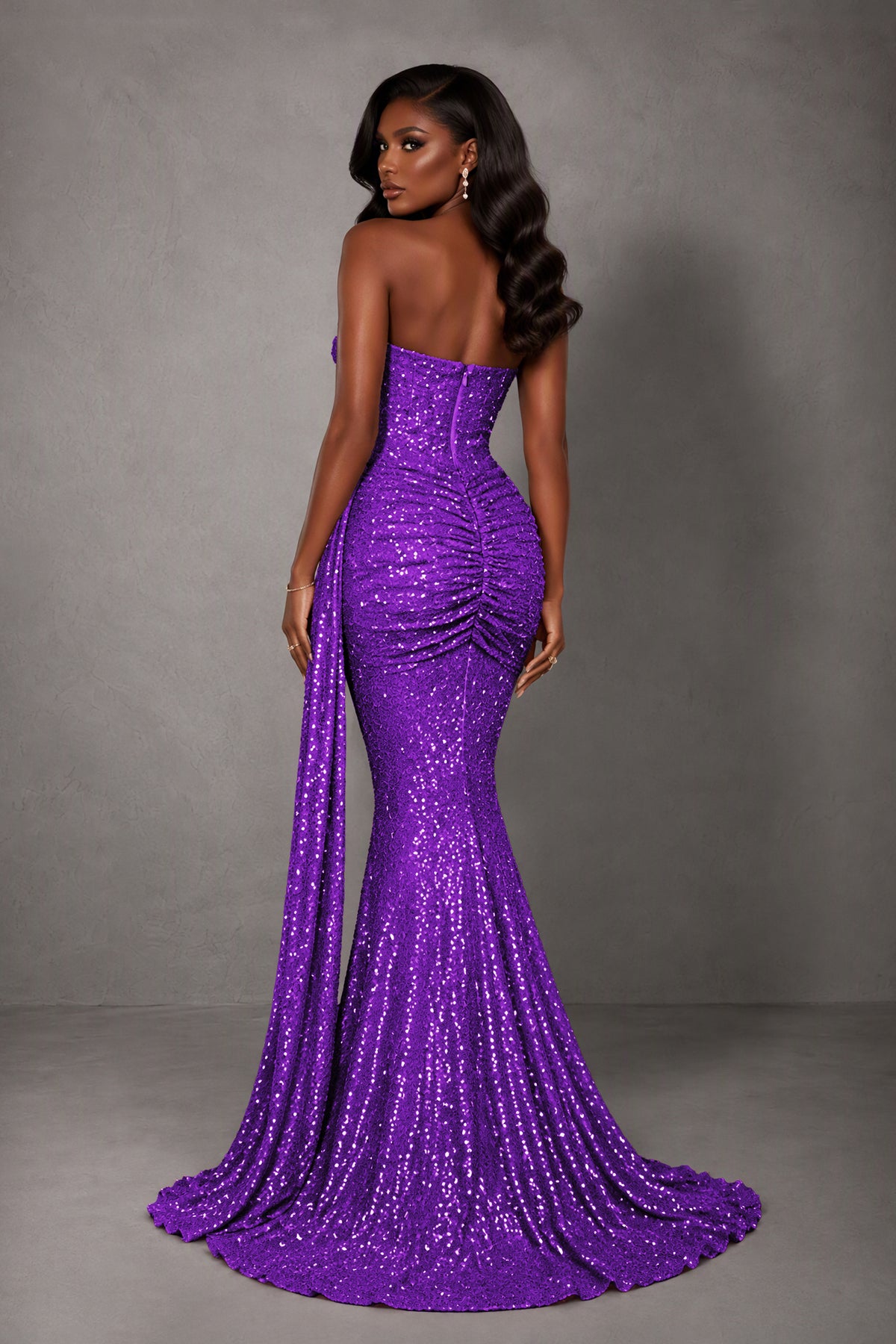 BOLODOO Purple Sequin Strapless Corset Mermaid Evening Gown with Train - Purple