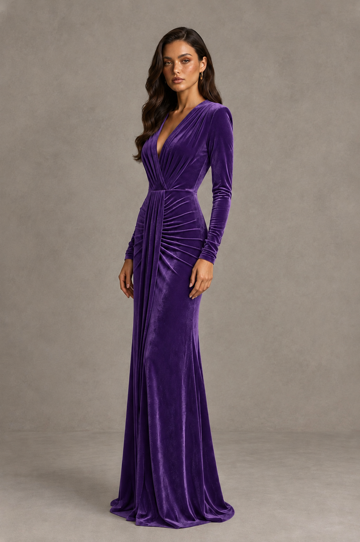 BOLODOO Purple Velvet Long Sleeve V-Neck Ruched Evening Gown - Purple
