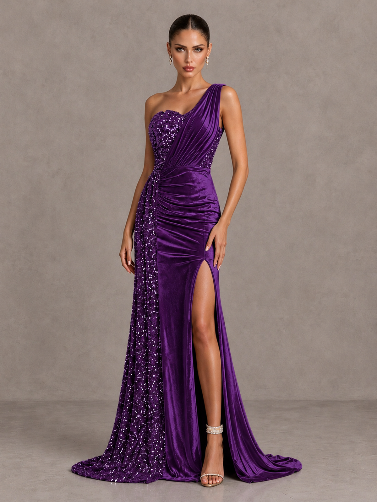 BOLODOO Purple One-Shoulder Satin Sequin Gown with High Slit - Purple - Purple_3