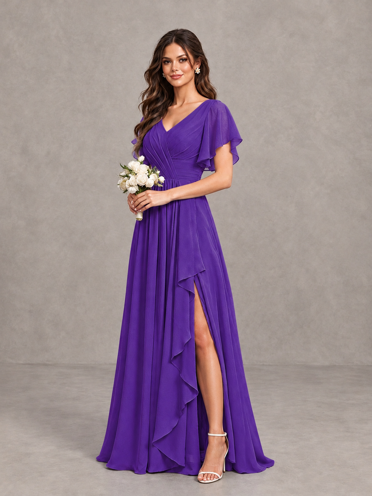 BOLODOO Purple Flutter Sleeve V-Neck Bridesmaid Dress with Ruffle Slit - Purple - Purple_3