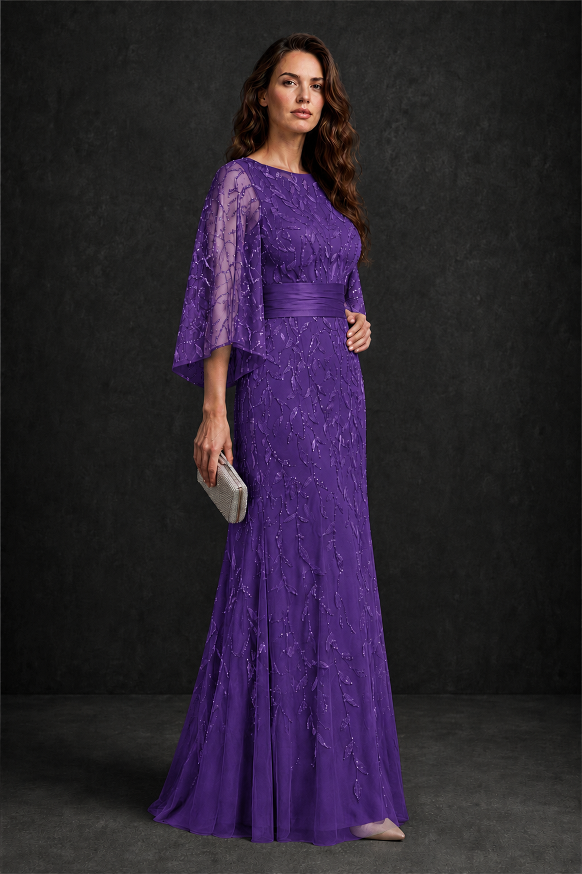 BOLODOO Purple Bateau Neck Bell Sleeve Sequin Embroidered Satin Waist A-Line Maxi Dress - Purple - Purple_3