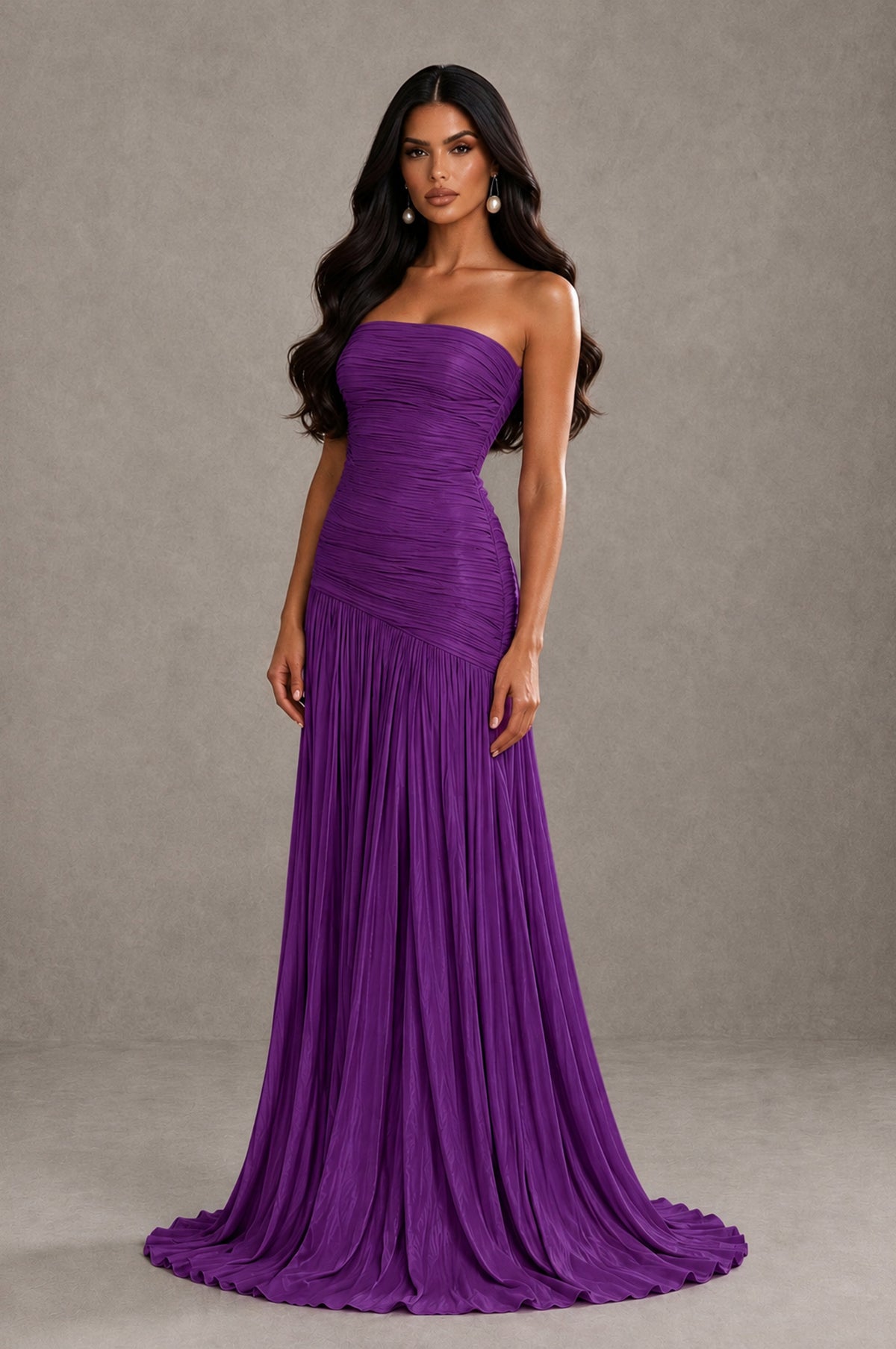 BOLODOO Purple Metallic Ruched Strapless Pleated A-Line Backless Maxi Dress with Train - Purple - Purple_3