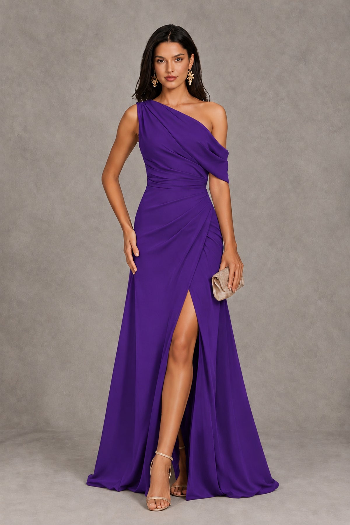 Purple One-Shoulder Floor-Length Evening Gown with High Slit - Purple