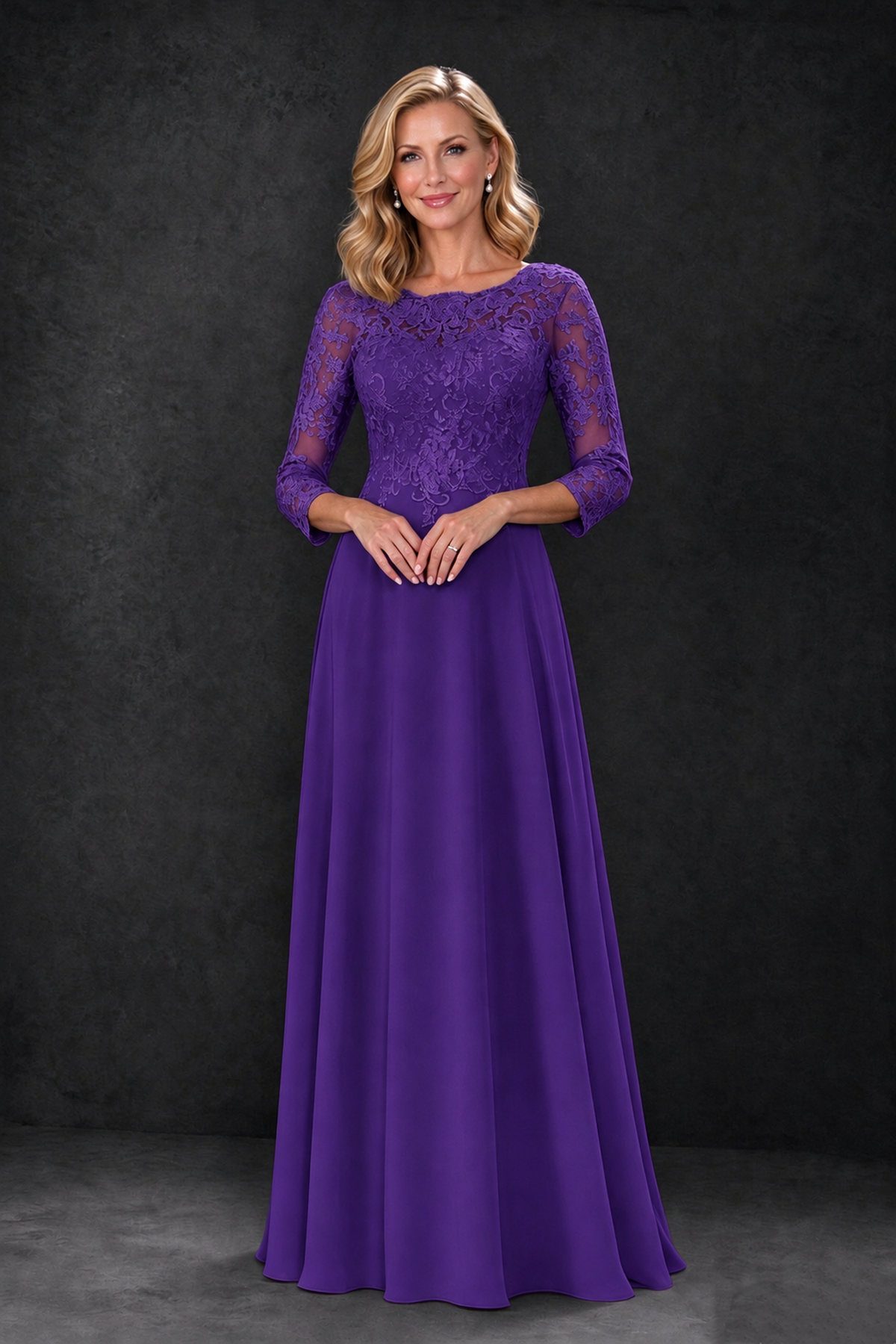 BOLODOO Purple Lace Embroidered Mother of the Bride Dress with 3/4 Sleeves - Purple - Purple_3