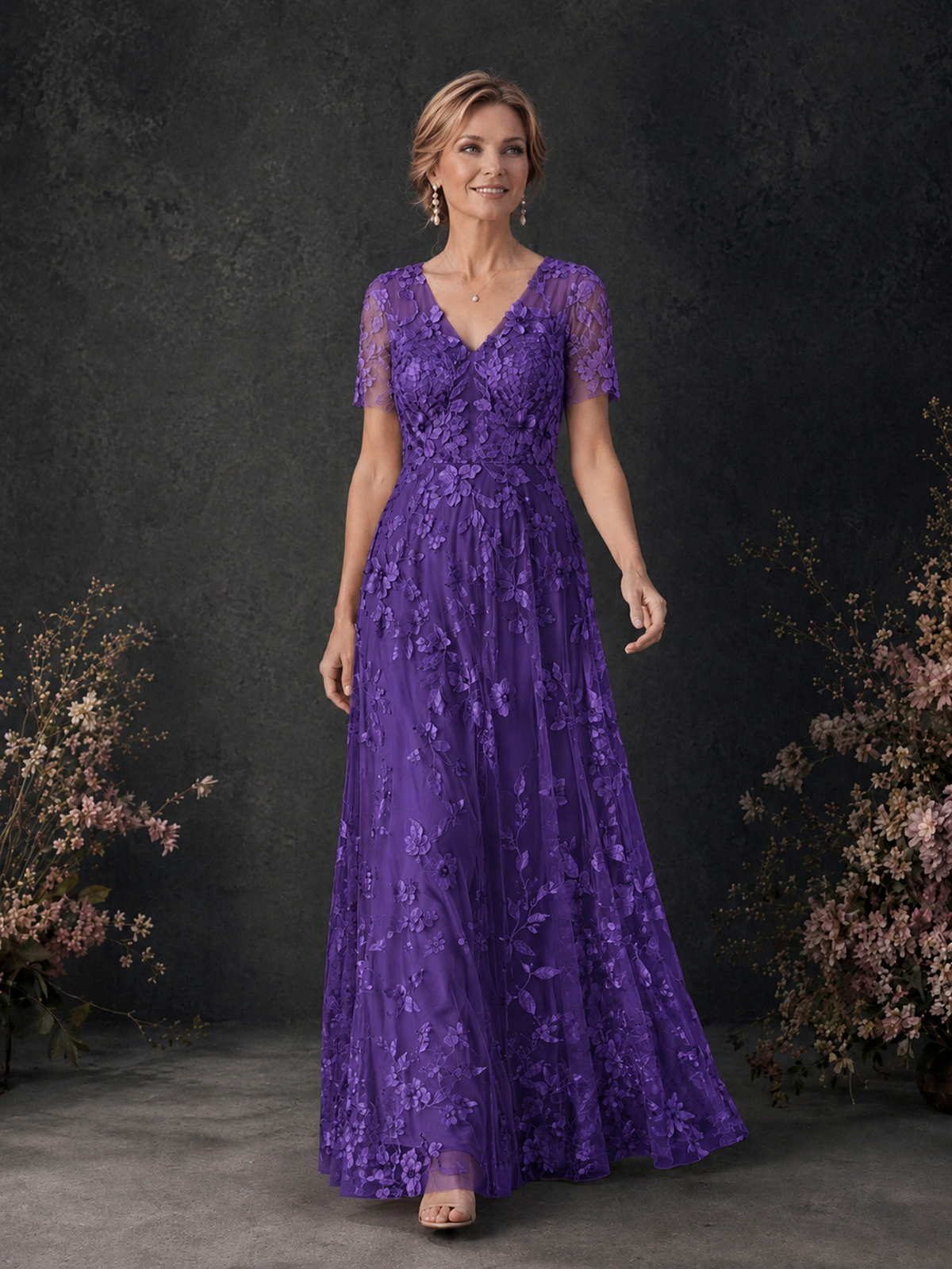 BOLODOO Purple 3D Floral Embroidered Lace V-Neck Short Sleeve A-Line Maxi Dress - Purple