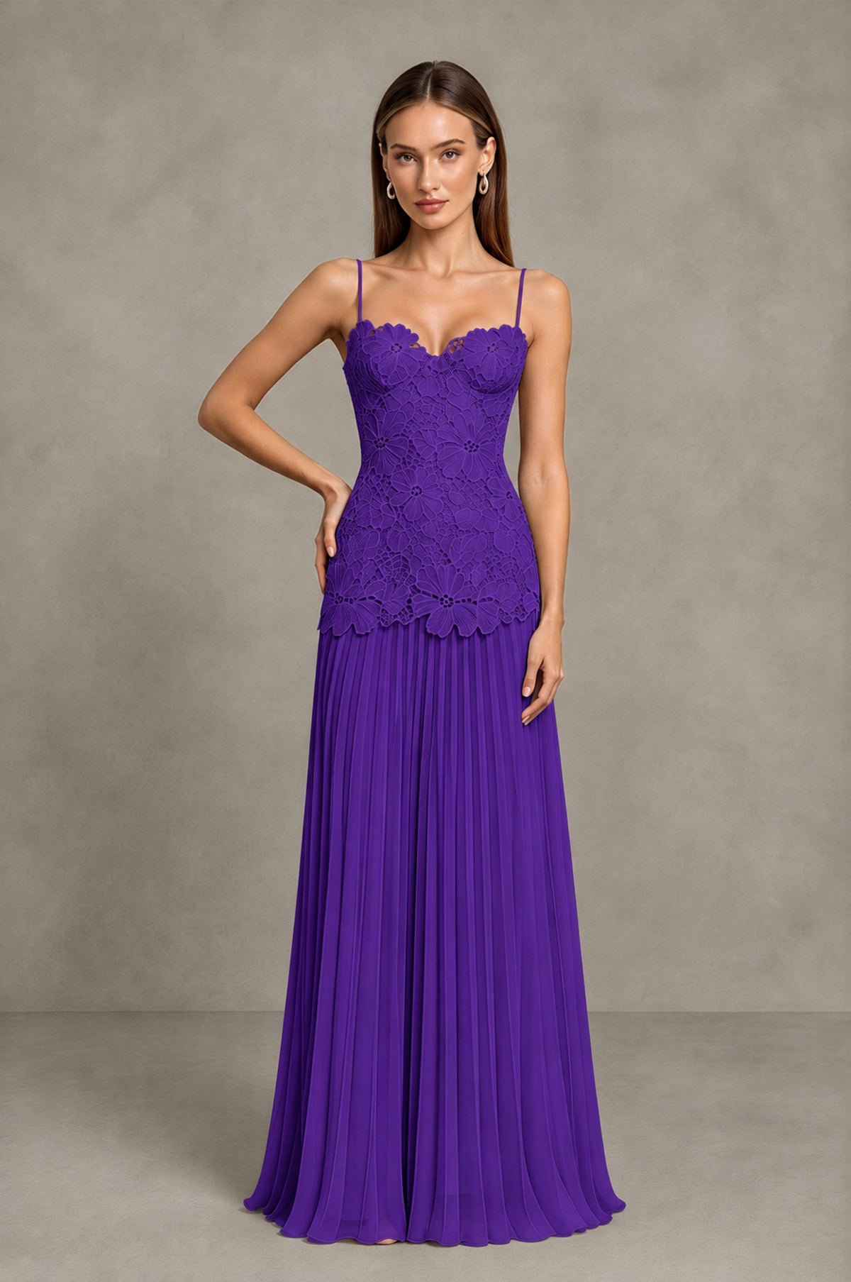 BOLODOO Purple Lace Bodice Pleated Wedding Guest Dress - Purple - Purple_3