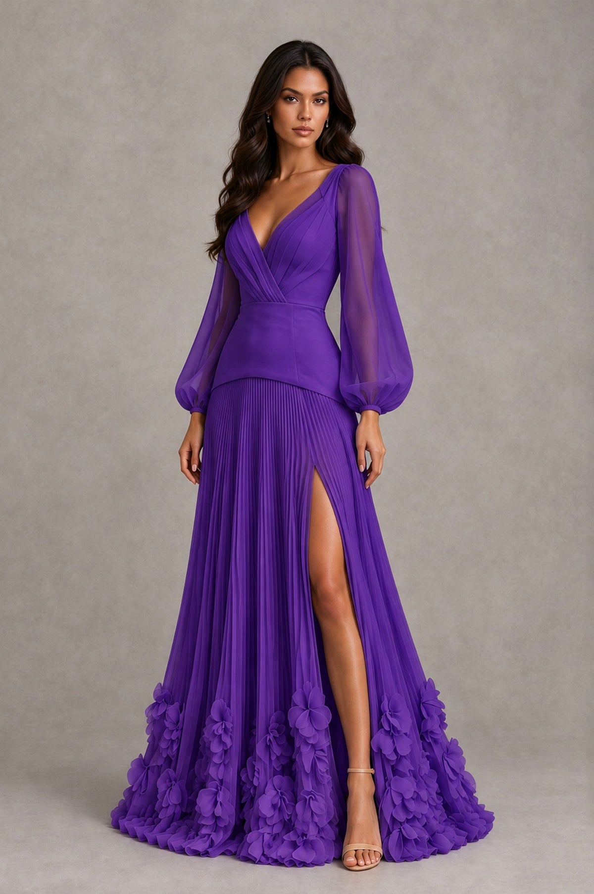 BOLODOO Purple V-Neck Long Sleeve Pleated Floral Hem Evening Dress - Purple - Purple_3