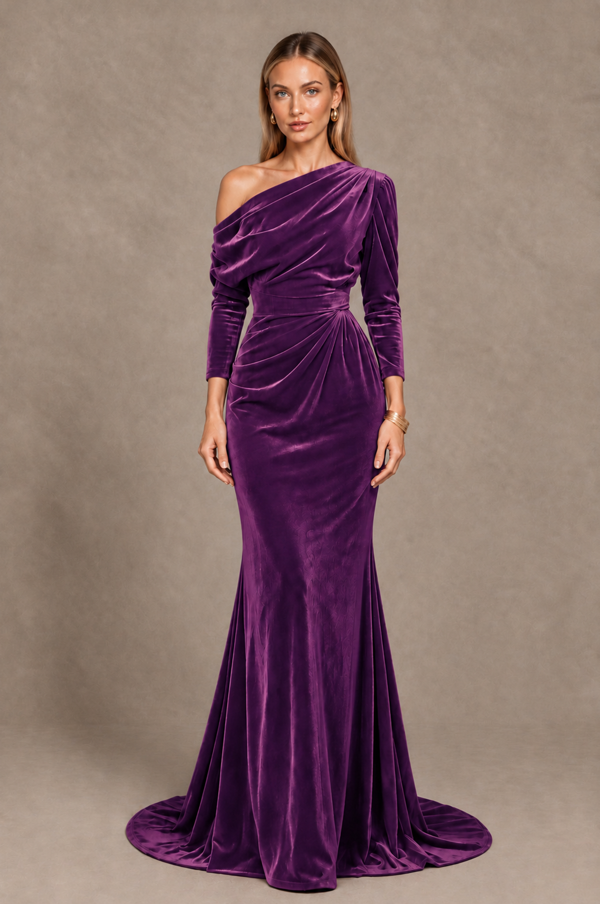 BOLODOO Purple Velvet Asymmetric Neck Mermaid Evening Dress - Purple - Purple_3