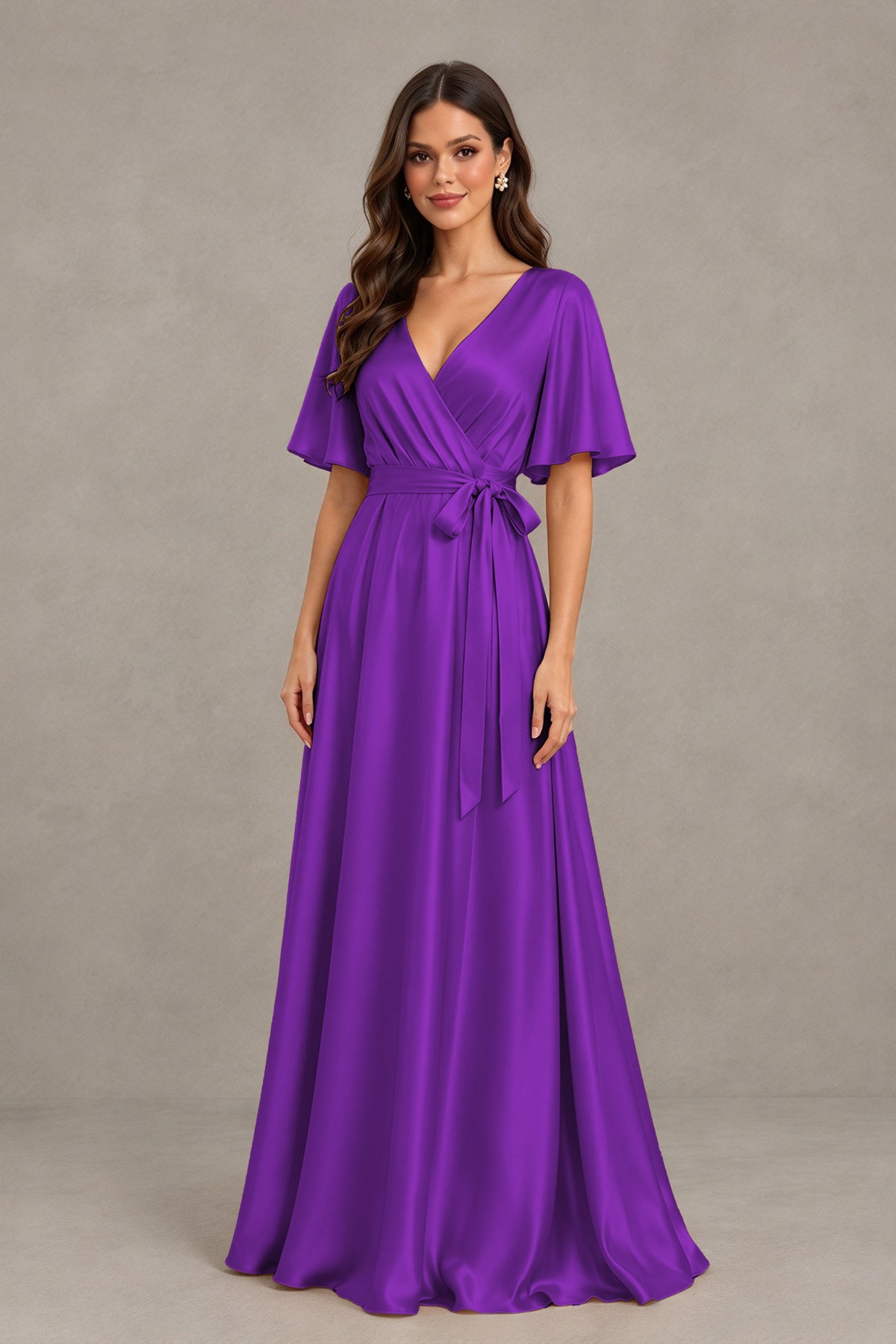 BOLODOO Purple Satin V-Neck Flutter Sleeve Bridesmaid Dress with Slit - Purple - Purple(3)