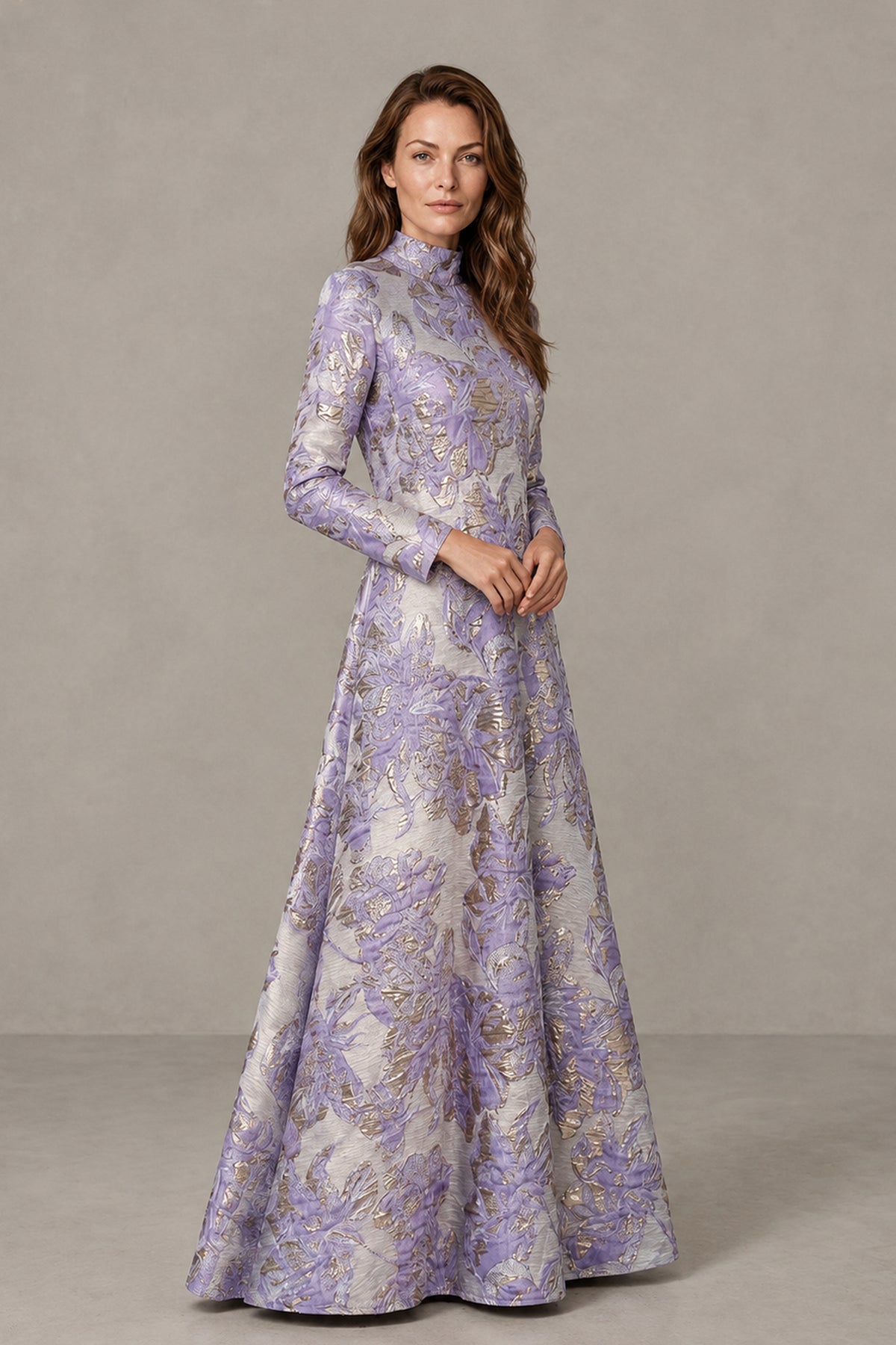 BOLODOO Purple Floral Jacquard Long Sleeve Evening Gown - Purple