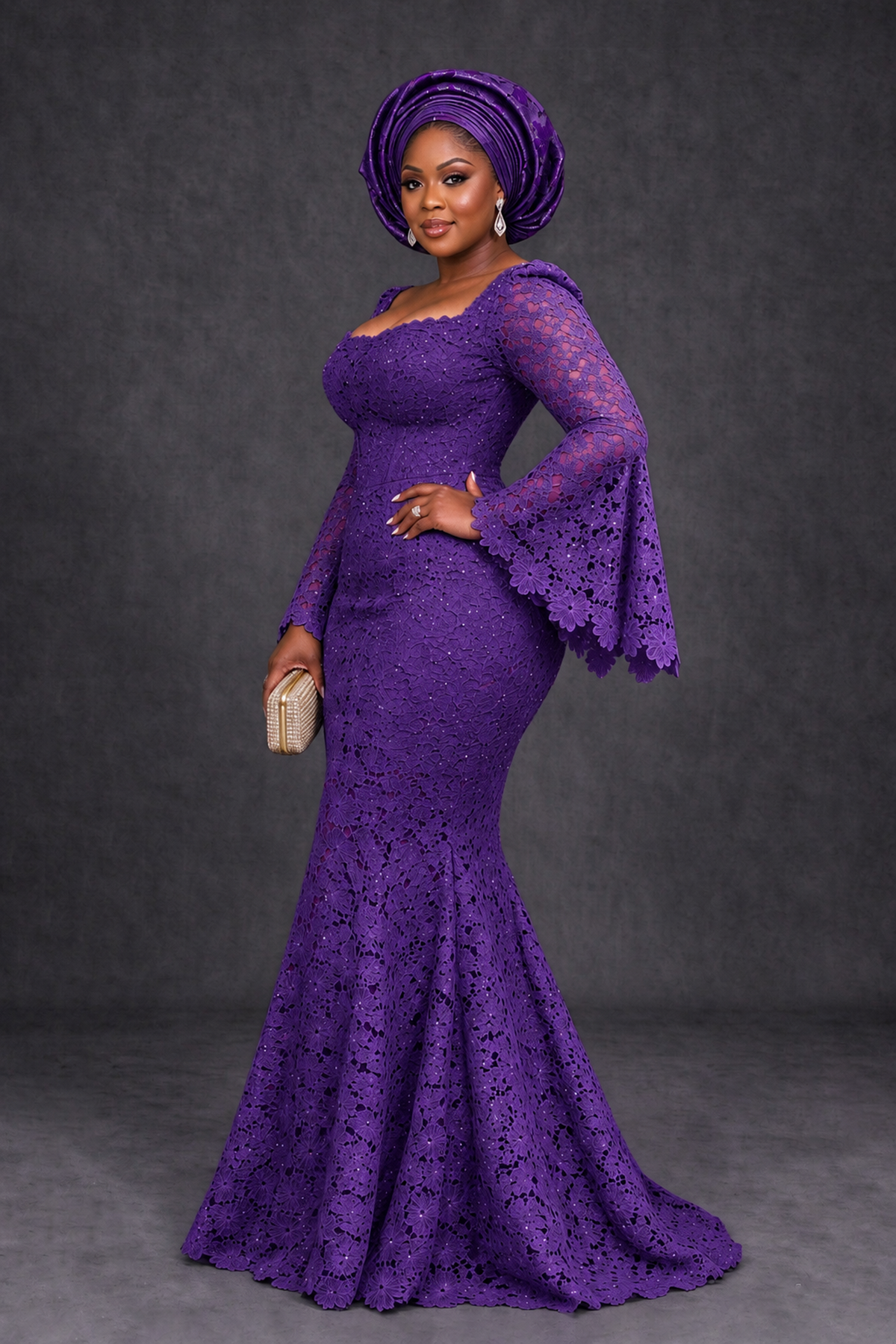 BOLODOO Purple African Lace Mermaid Dress, Plus Size Nigerian Wedding Guest Gown with Bell Sleeves - Purple - Purple_3
