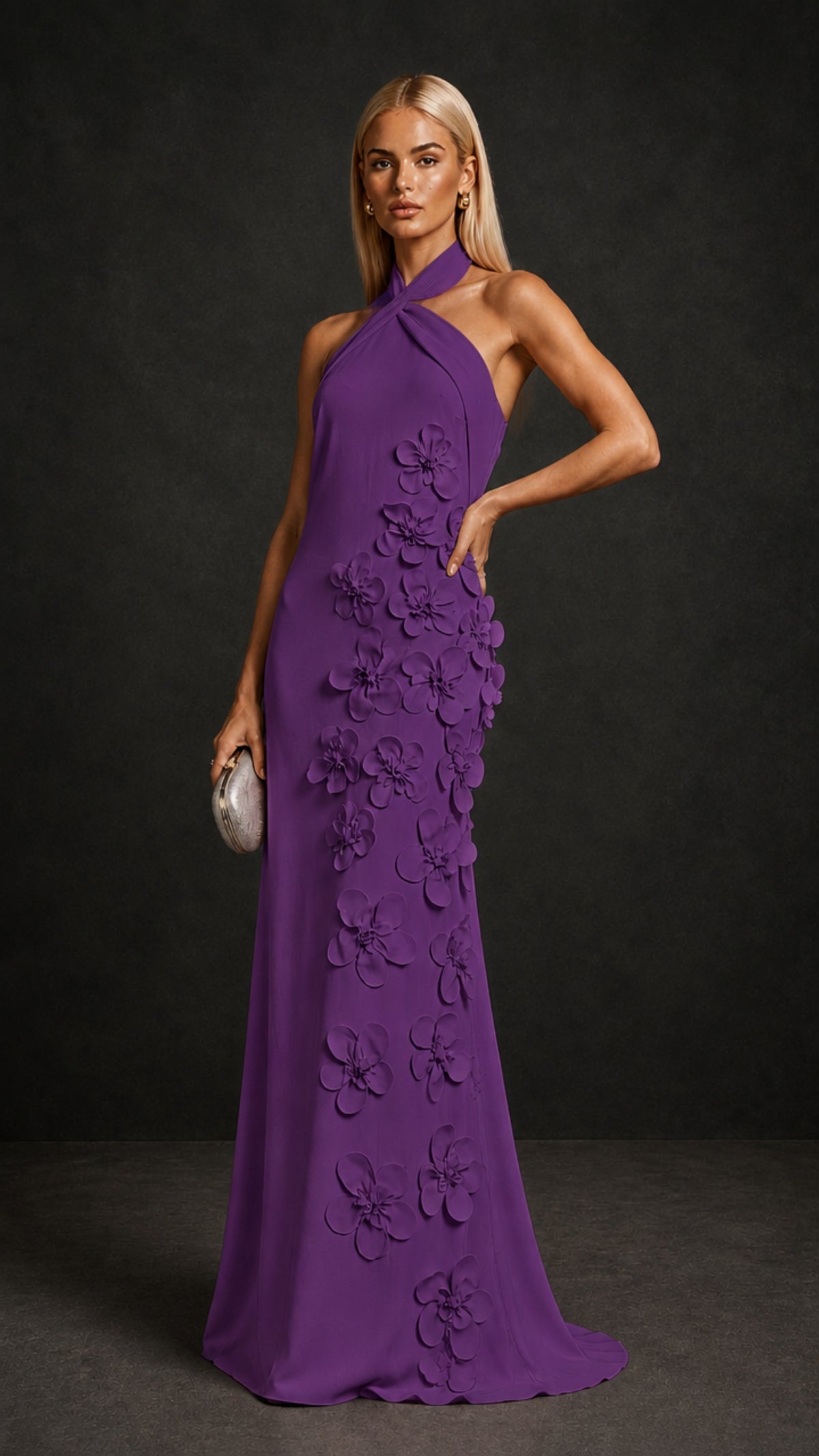 BOLODOO Purple Cross Halter Neck 3D Floral Appliqué Backless Mermaid Maxi Gown - Purple