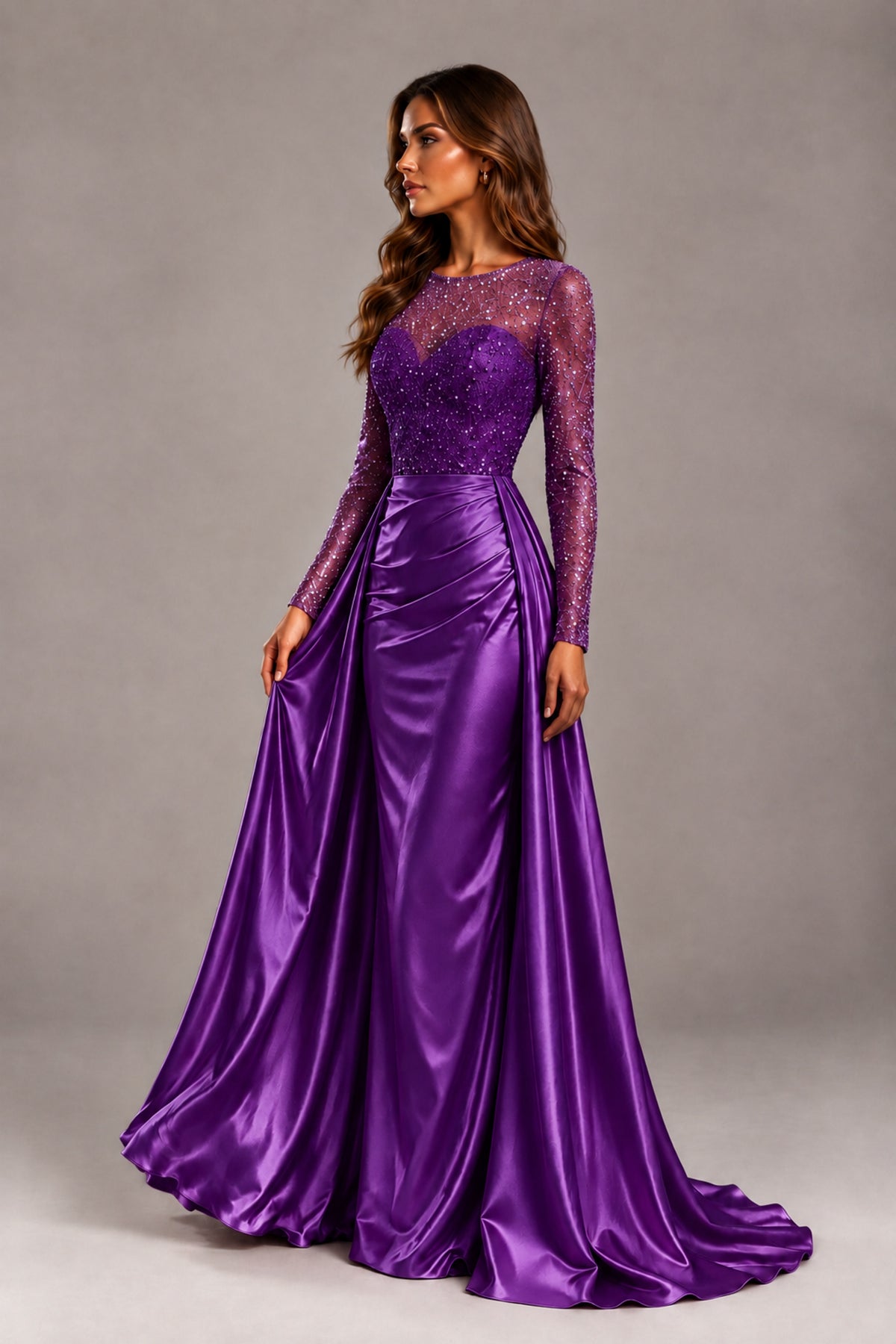 BOLODOO Purple Long Sleeve Embellished Satin Evening Gown with Sweep Train - Purple - Purple_3