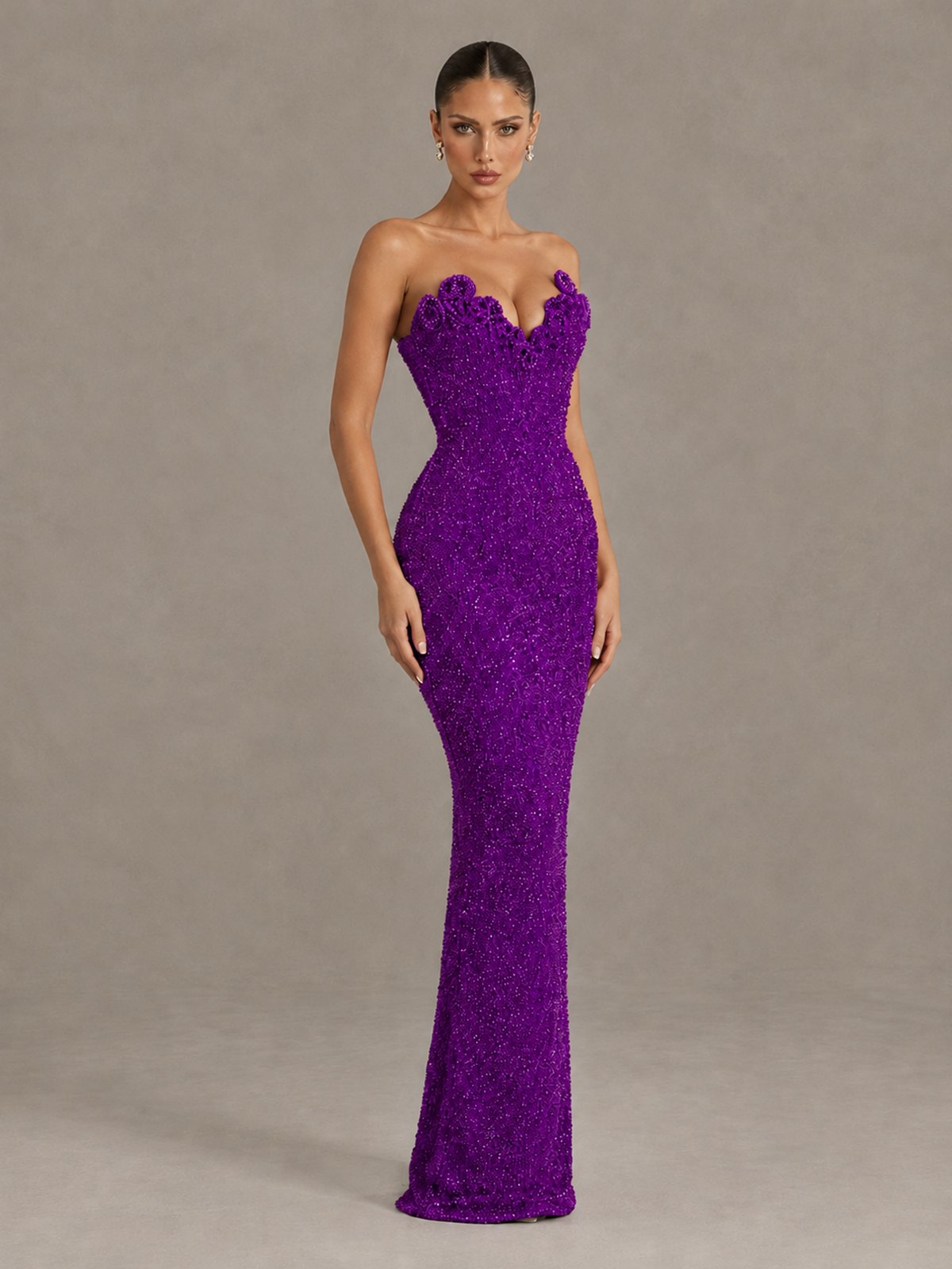 BOLODOO Purple Strapless Sequin Evening Gown with Floral Neckline - Purple - Purple_3