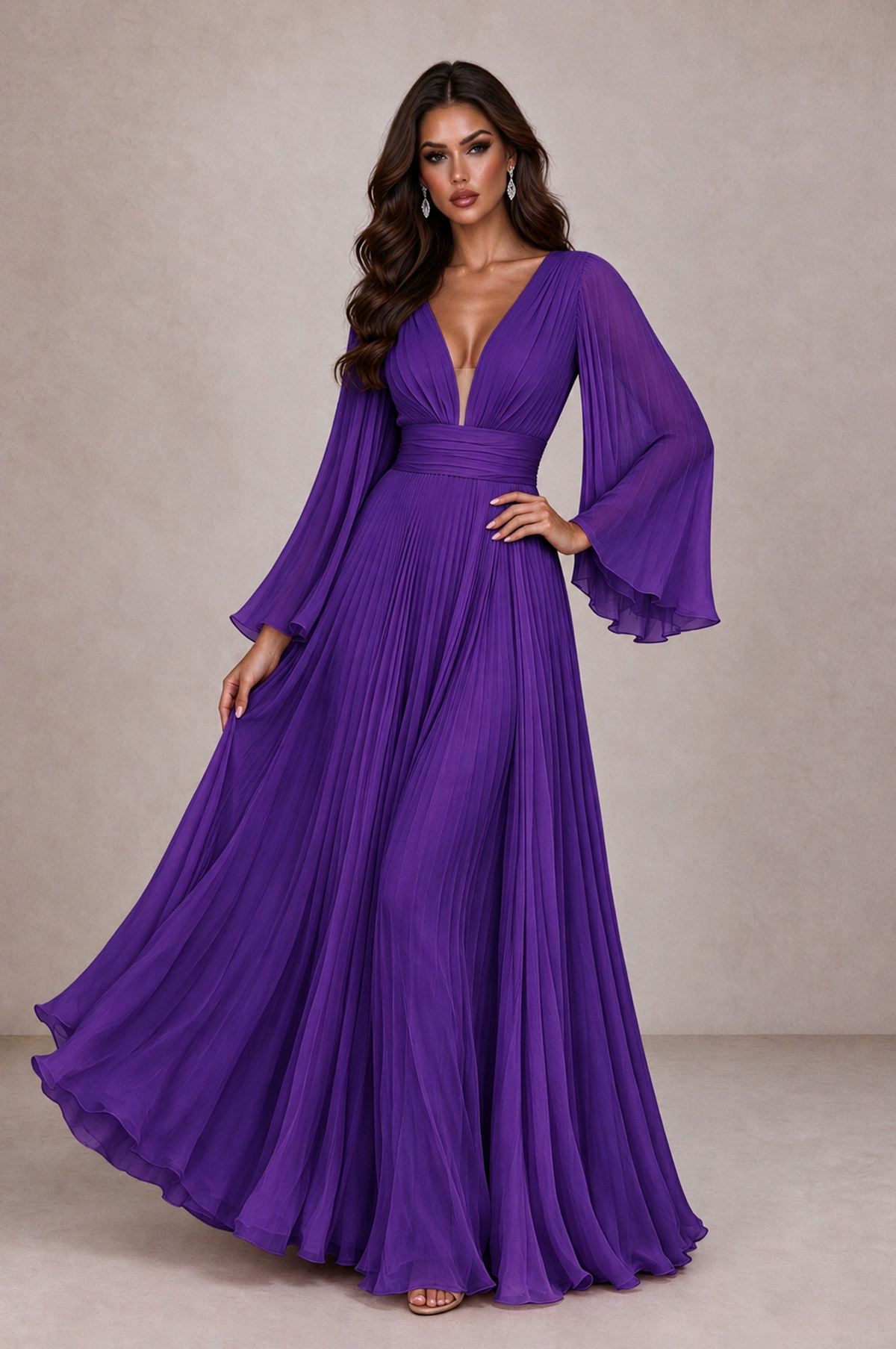 BOLODOO Purple Pleated Deep V-Neck Long Bell Sleeve Evening Dress - Purple - Purple_3