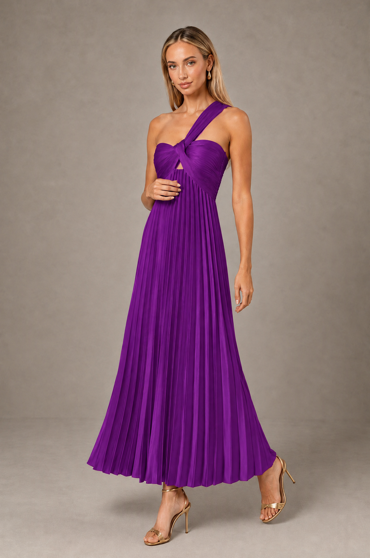 BOLODOO Purple One-Shoulder Twist Knot Pleated Satin Midi Dress with Cutout - Purple - Purple_3