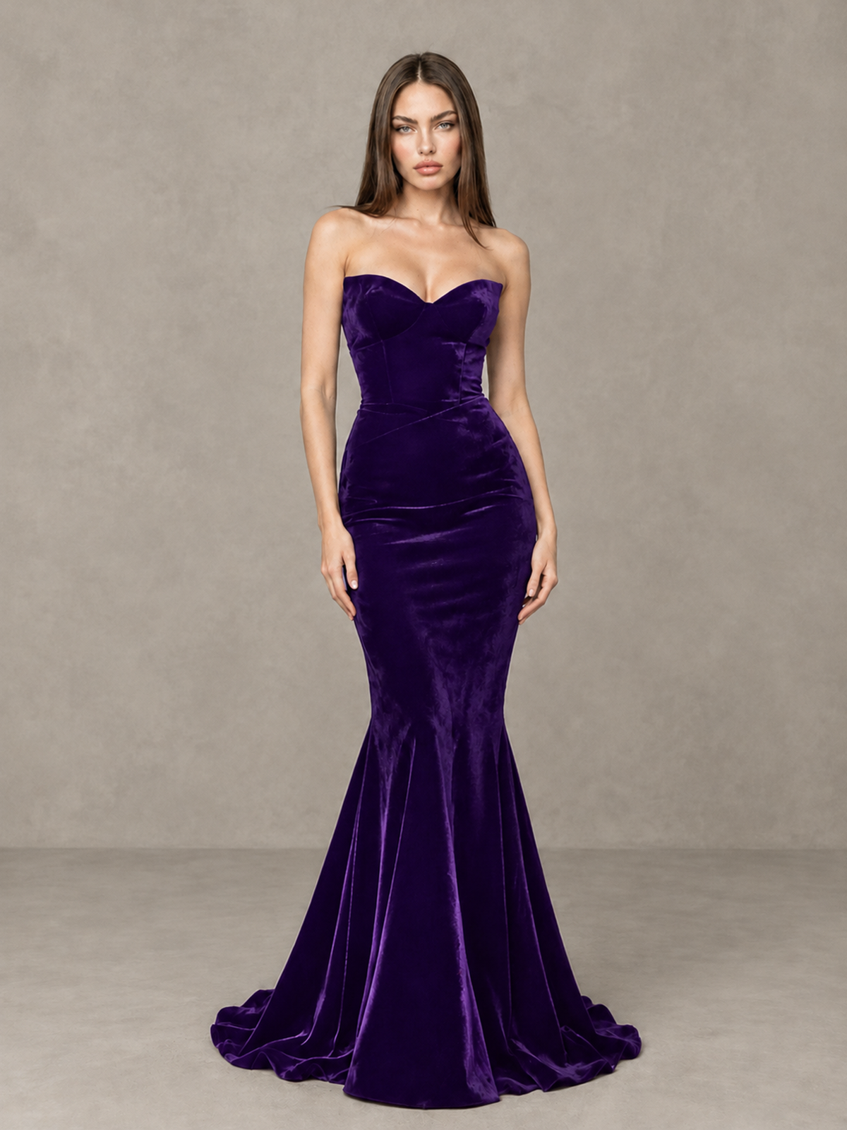 BOLODOO Purple Strapless Sweetheart Velvet-Look Mermaid Evening Dress - Purple - Purple_3