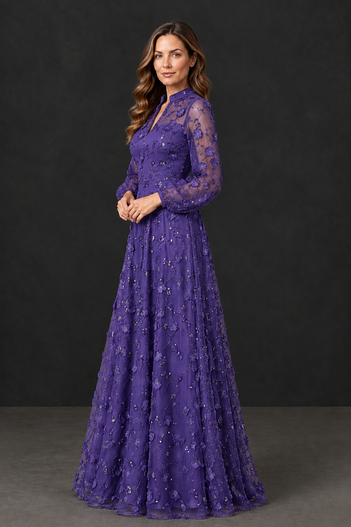 BOLODOO Purple Long Sleeve Floral Mother of the Bride Dress - Purple - Purple_3