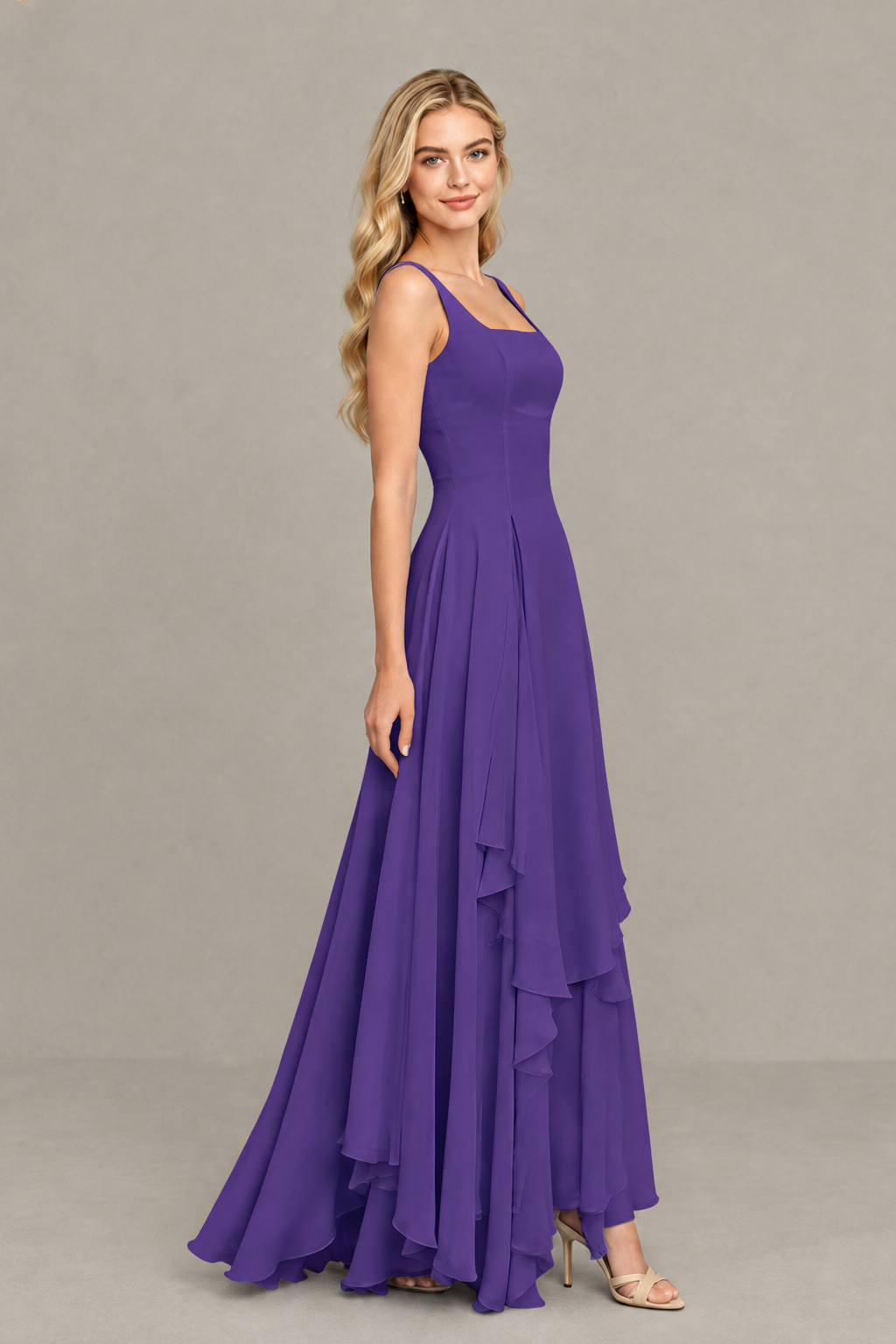 BOLODOO Purple Square Neck Chiffon Bridesmaid Dress with Lace-Up Back - Purple