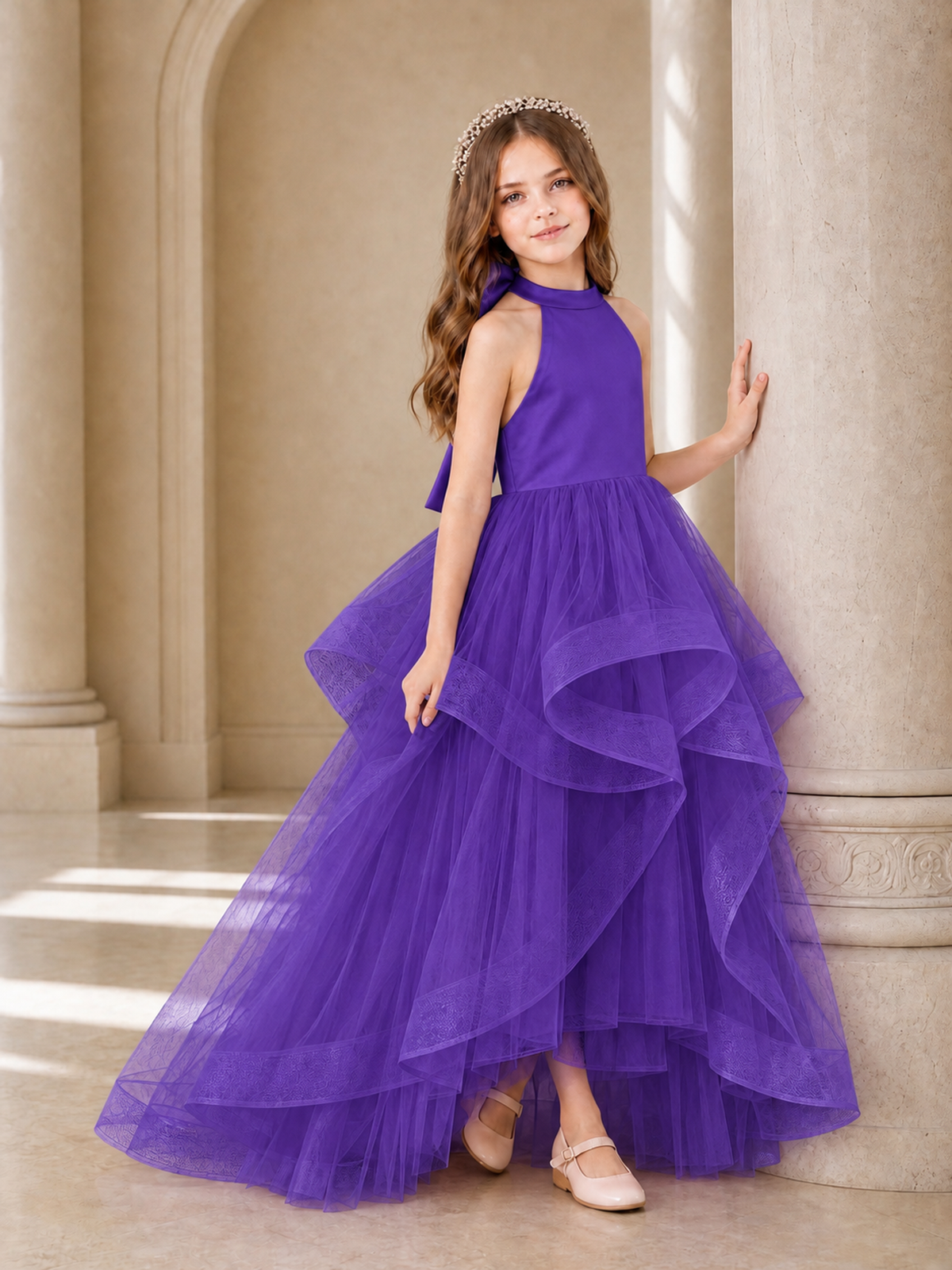 BOLODOO Purple Halter Tiered Tulle Flower Girl Dress with Bow Back - Purple - Purple_3