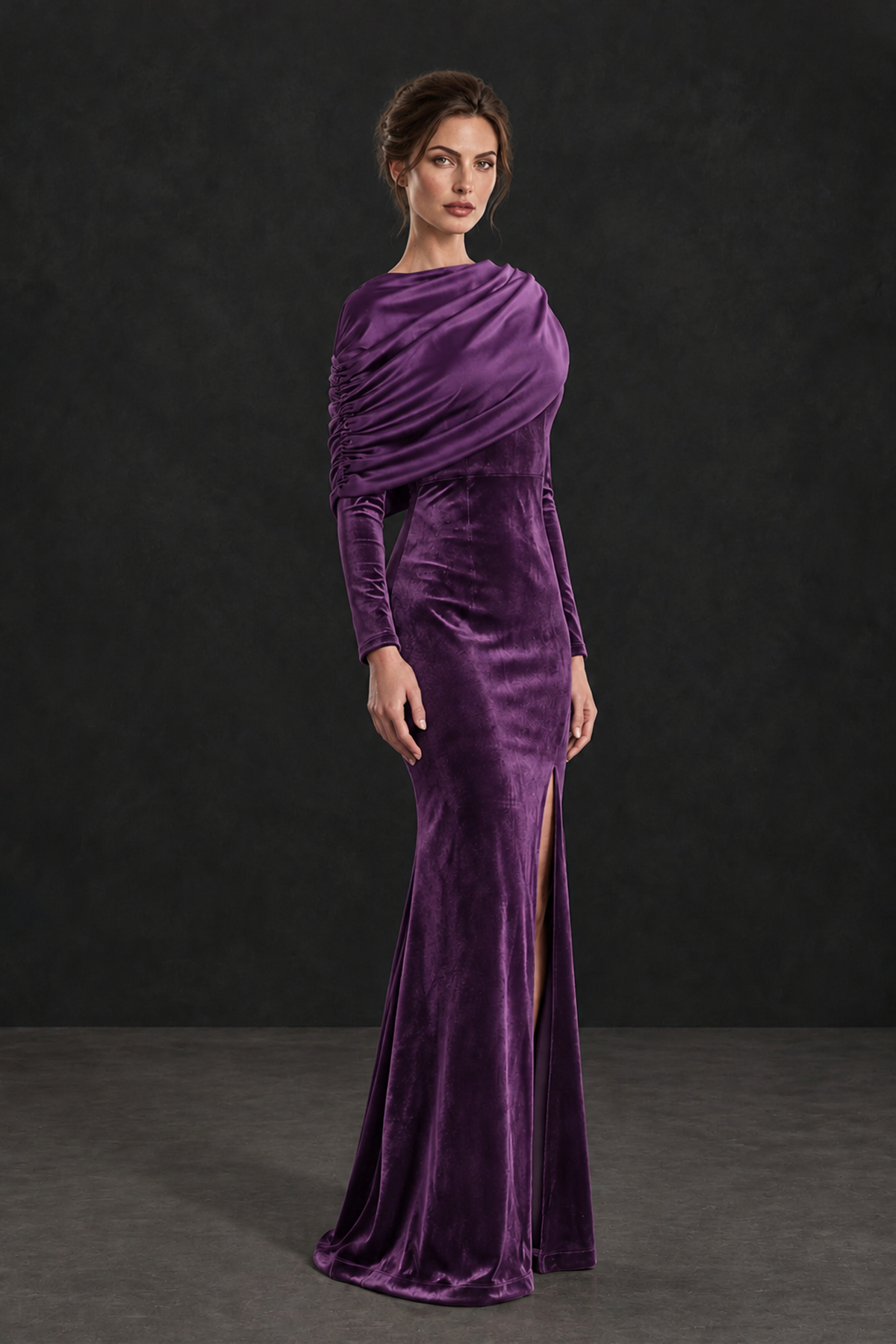 BOLODOO Purple Velvet Long Sleeve Draped Mother of the Bride Dress - Purple - Purple_3