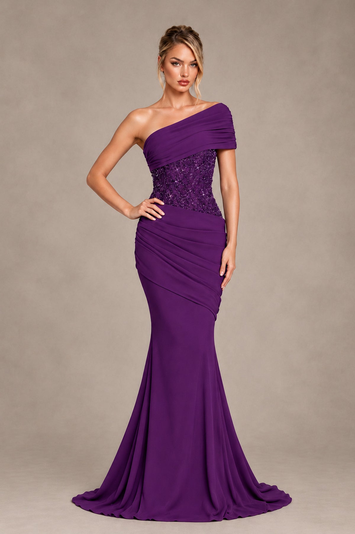 BOLODOO Purple One-Shoulder Sequin Embroidered Ruched Mermaid Gown with Train - Purple - Purple_3