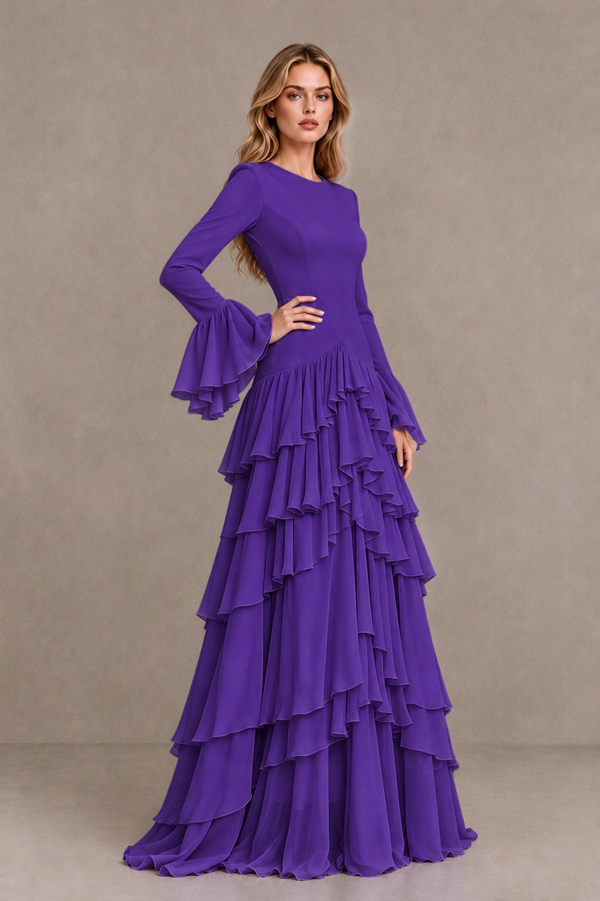Purple Long Sleeve Tiered Ruffle Evening Gown - Purple - Purple_3
