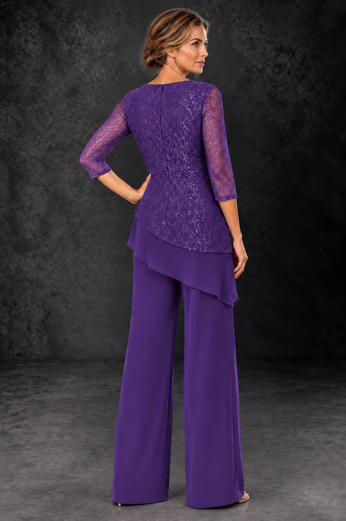 BOLODOO Purple Sequin Lace 3/4 Sleeve Chiffon Mother of the Bride Pant Suit - Purple - Purple_3