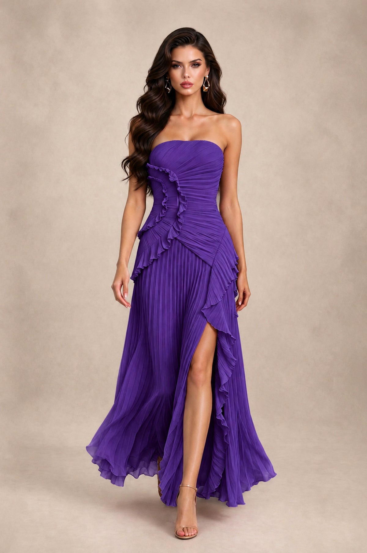 BOLODOO Purple Strapless Ruffle Pleated Slit Evening Gown - Purple - Purple_3