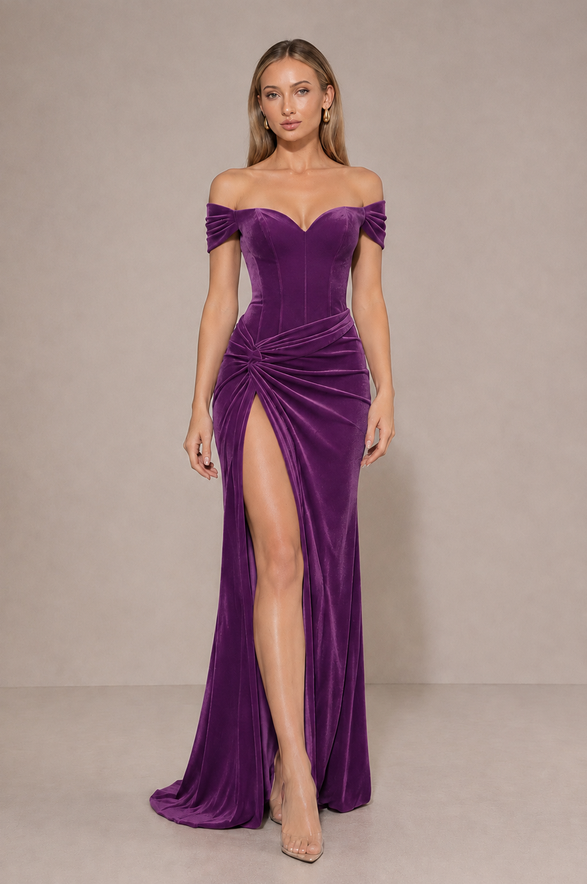 BOLODOO Purple Velvet Off-Shoulder Ruched High Slit Evening Dress - Purple - Purple_3